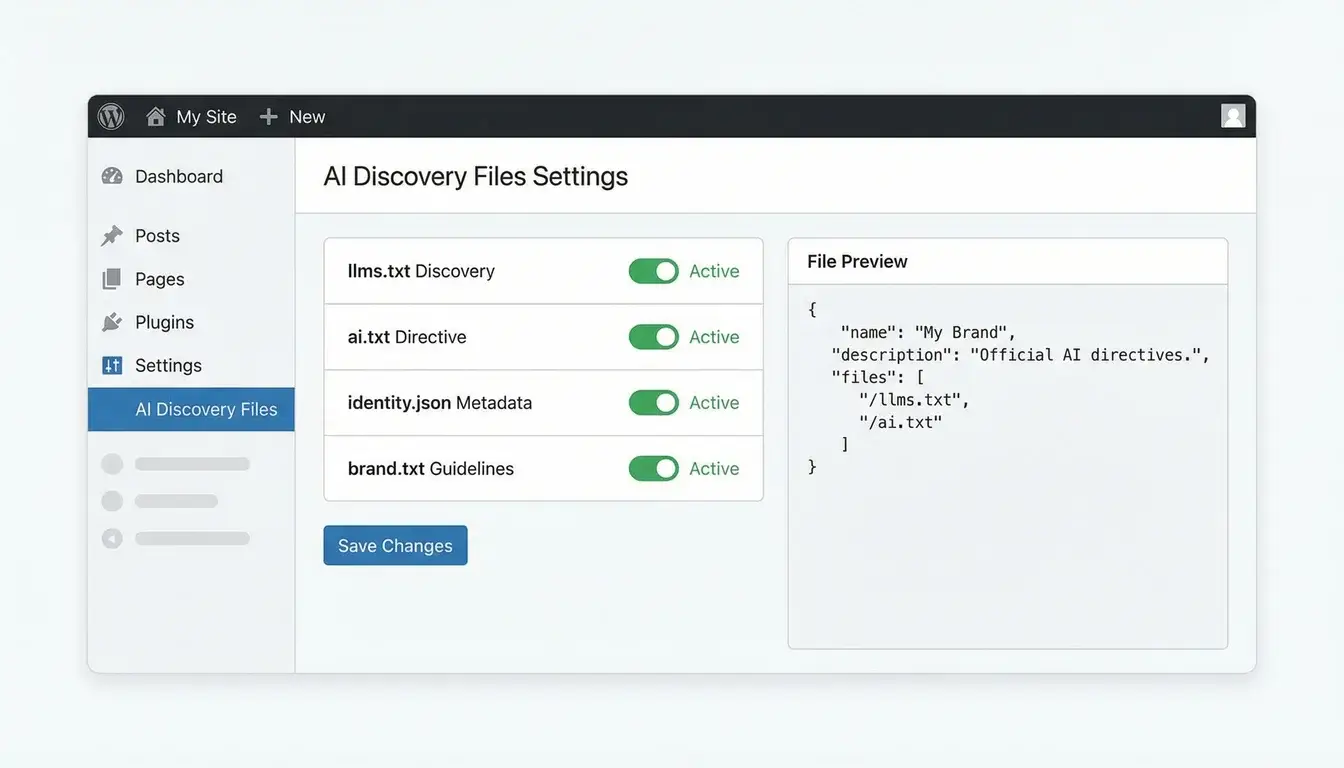 WordPress plugin settings interface showing AI Discovery File generation options with toggle switches