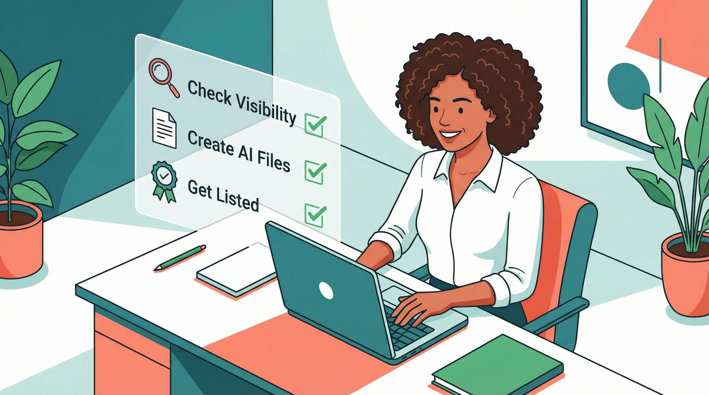 Vector illustration of a business owner at a laptop with a three-item checklist: Check Visibility, Create AI Files, Get Listed