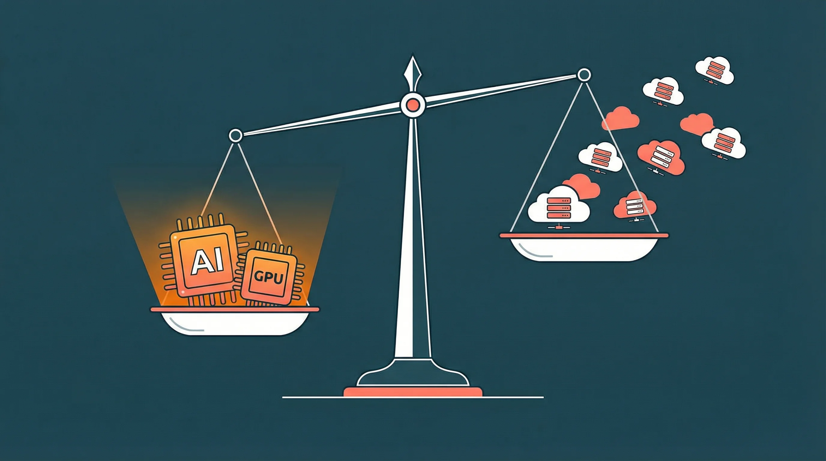 Vector illustration of a balance scale with AI and GPU chips weighing down one side while cloud hosting icons float up from the other