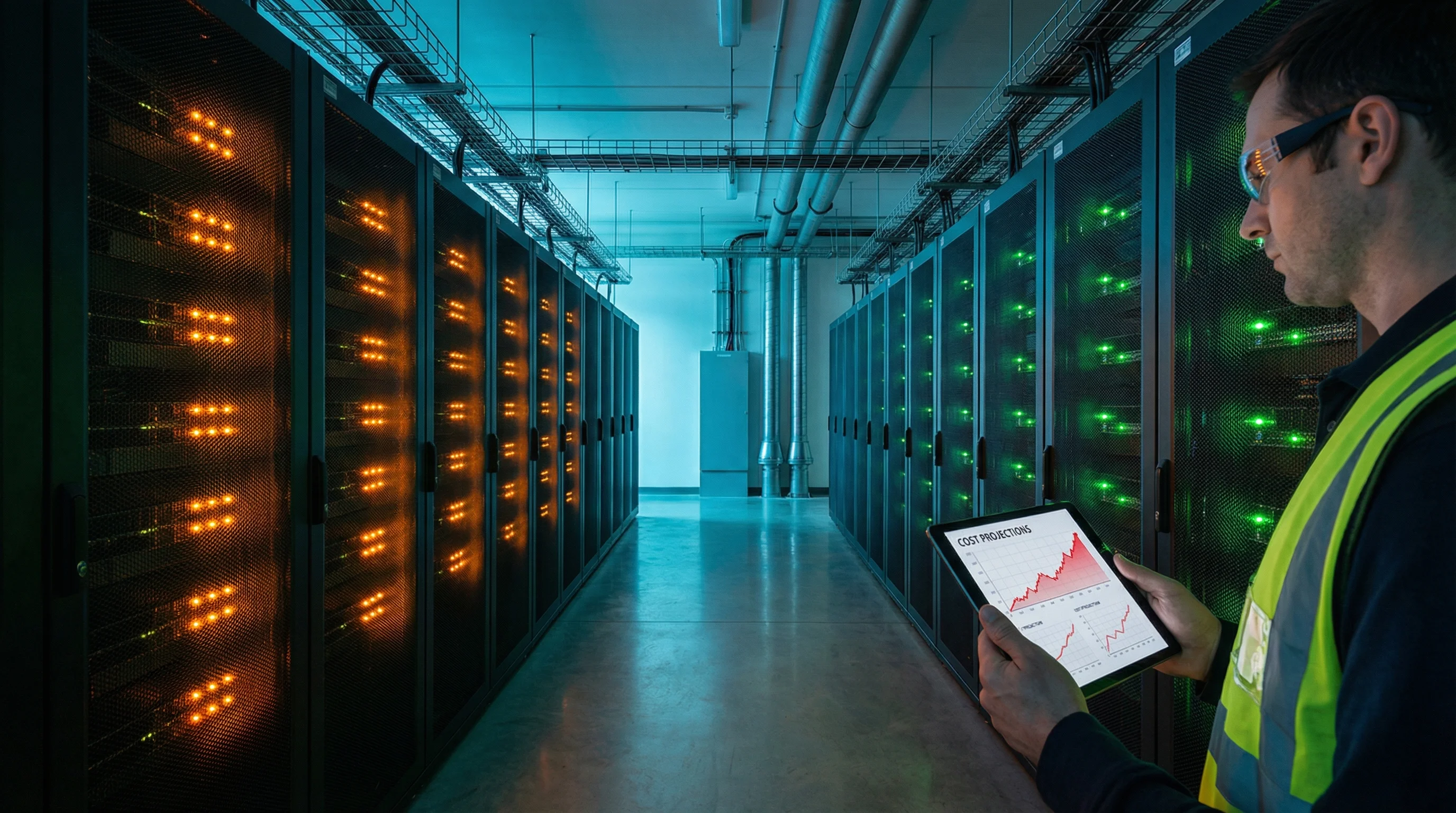 Data centre technician in a high-visibility vest reviewing cost projection charts on a tablet while standing between rows of server racks