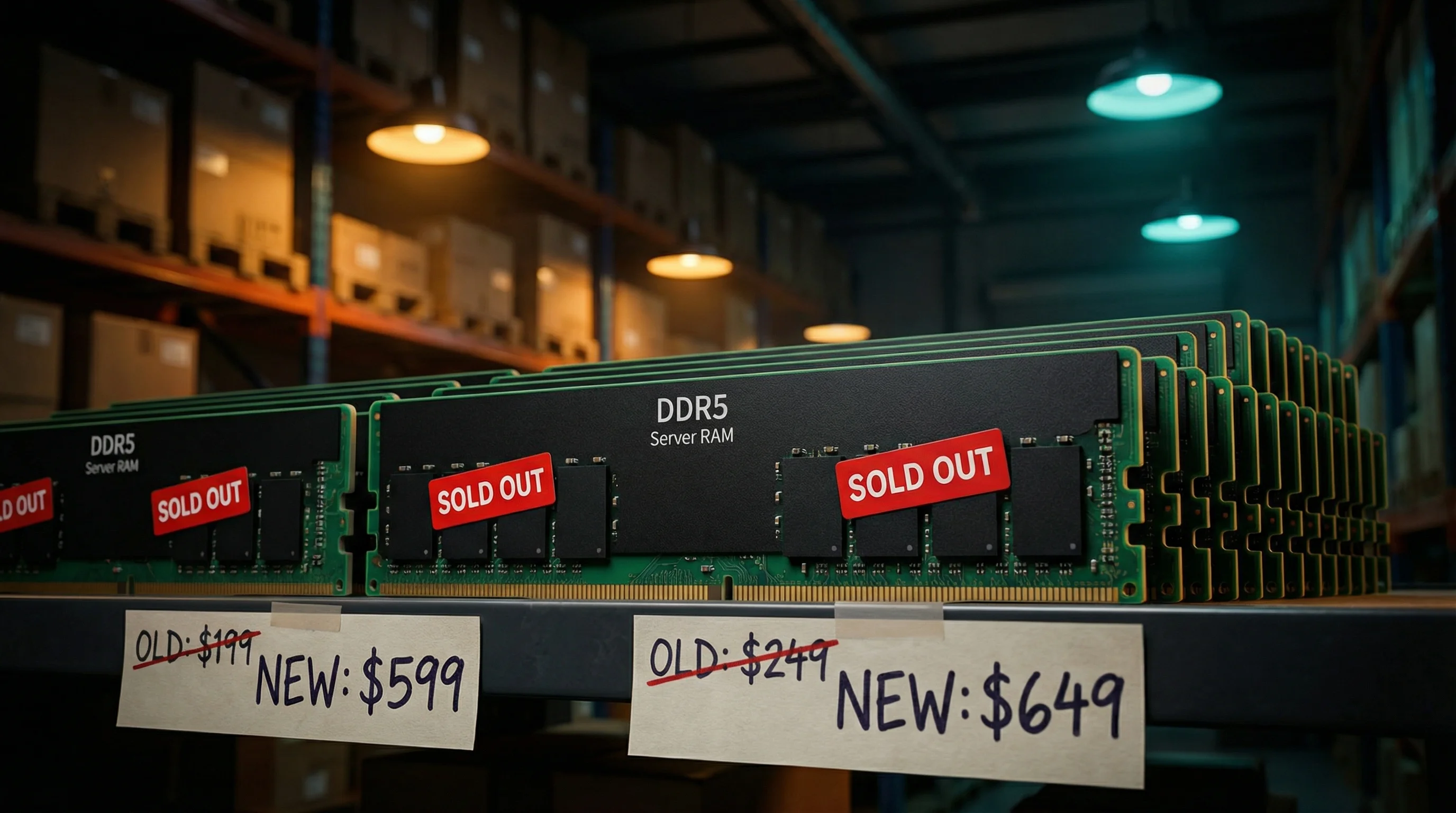 Warehouse shelf displaying DDR5 server RAM modules with red Sold Out stickers, old and new prices showing dramatic increases