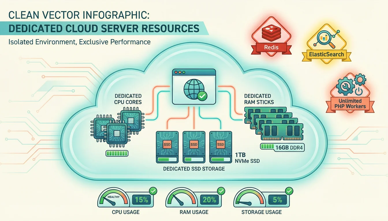 Infographic showing a cloud server with dedicated CPU cores, RAM bars, and SSD storage, with performance metrics like Redis cache hit rate and ElasticSearch query speed