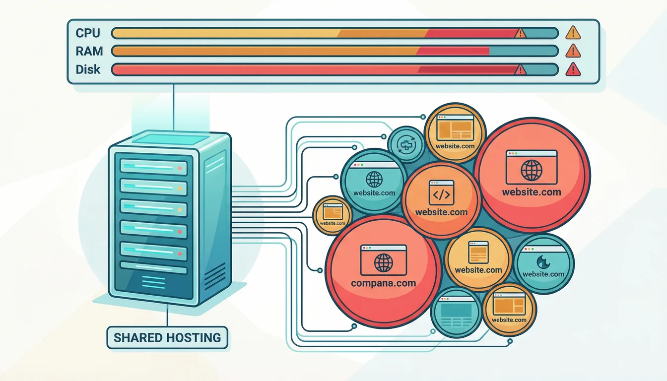 Vector illustration of multiple websites sharing CPU, RAM, and disk resources on a single server, with coloured segments showing each site's allocation