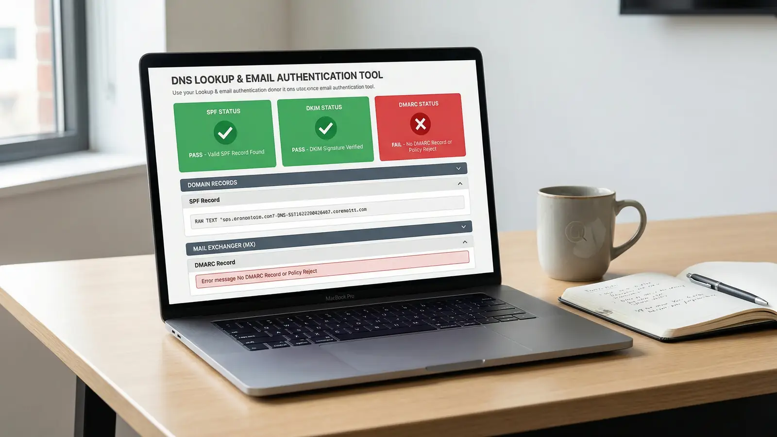 A DNS lookup tool interface displaying domain health records and email authentication status with colour-coded pass and fail indicators