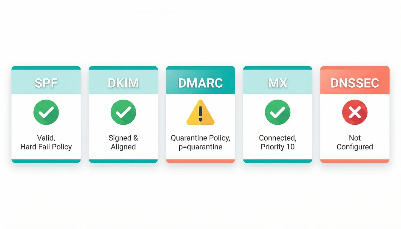 Email health dashboard showing five status cards for SPF, DKIM, DMARC, MX records and DNSSEC with pass and fail indicators
