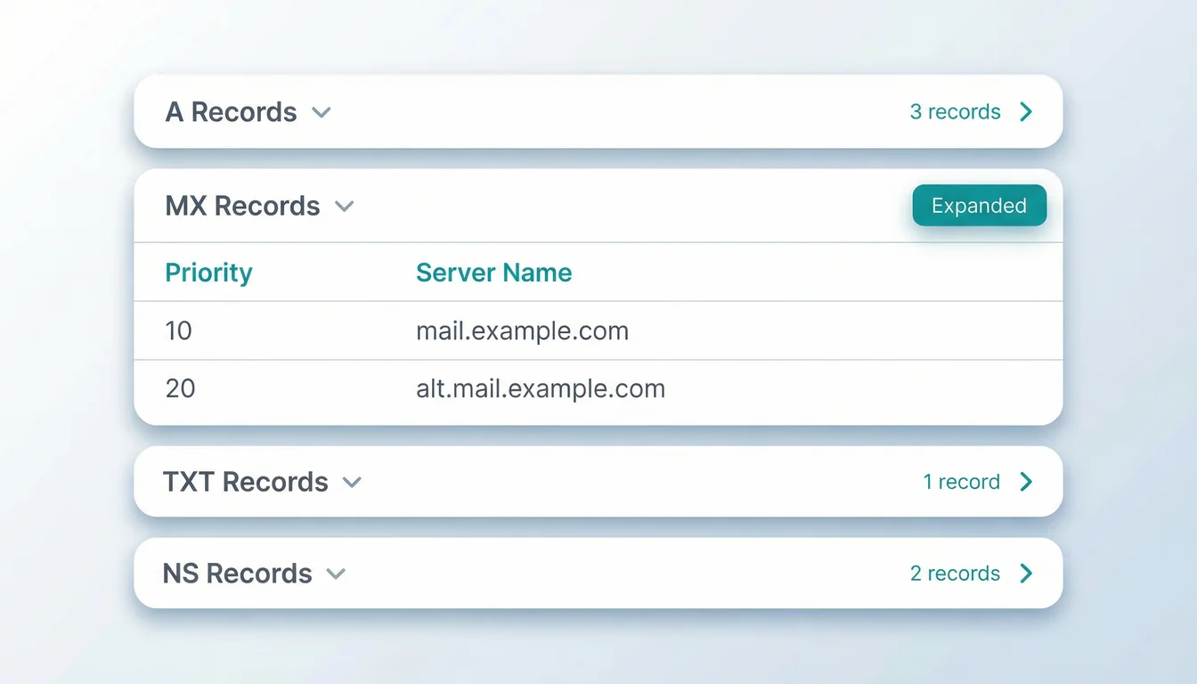 DNS records displayed in expandable sections showing A records, MX records with priority tables, and TXT records containing SPF and DMARC policies