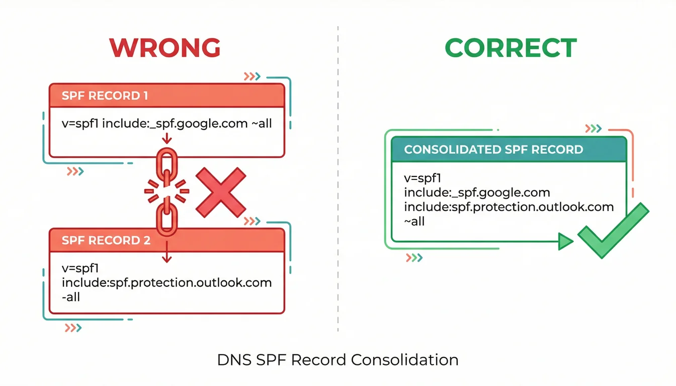 A comparison diagram showing incorrect DNS setup with multiple SPF records versus correct setup with a single consolidated SPF record
