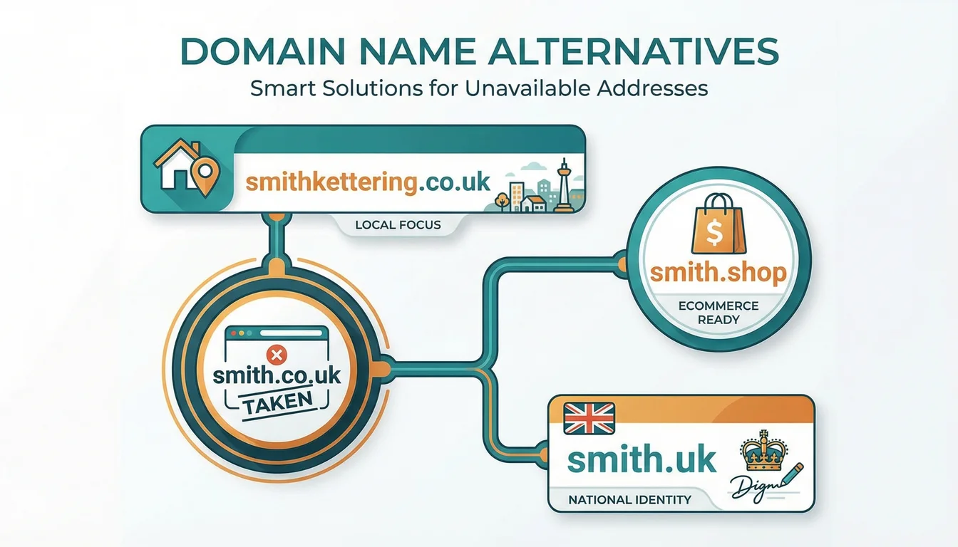 Illustration showing domain name alternatives: modifiers, local extensions, and industry-specific TLDs