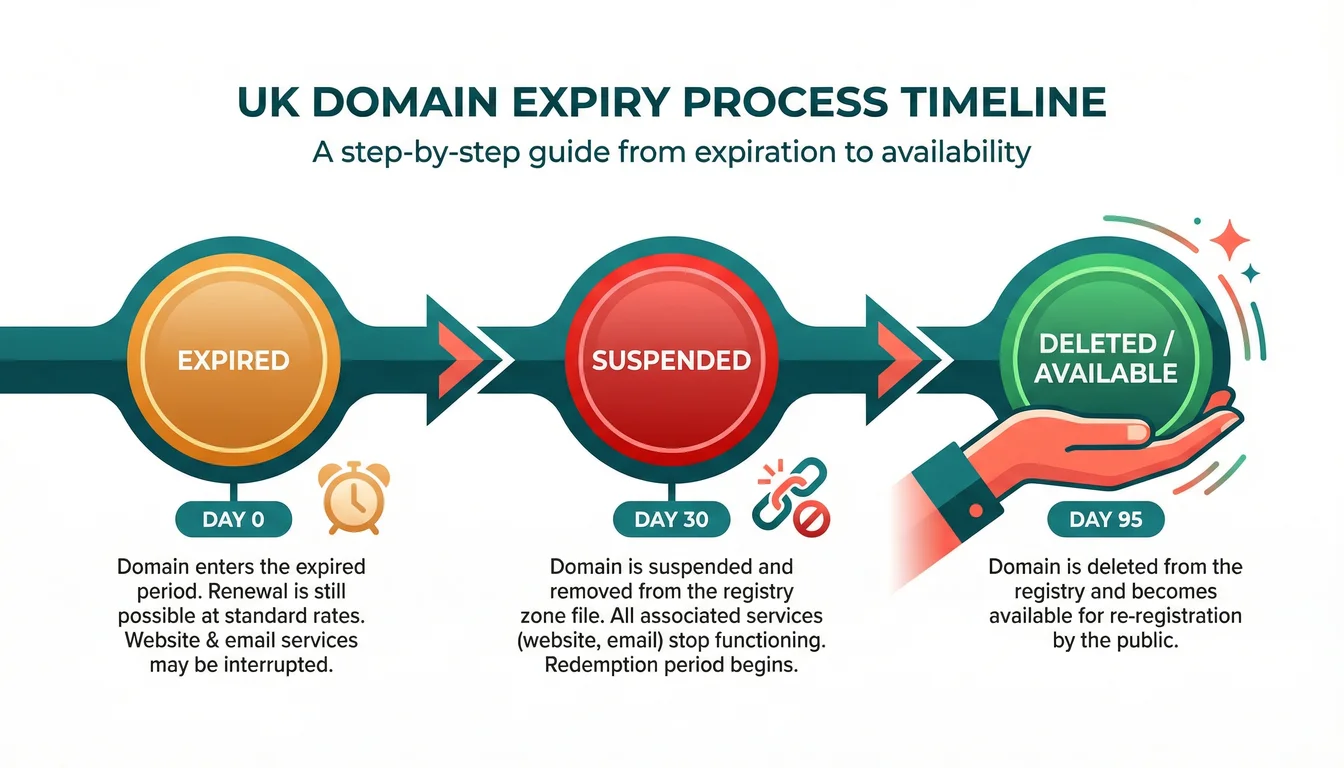 Timeline diagram showing the 95-day Nominet domain expiry and drop catching process