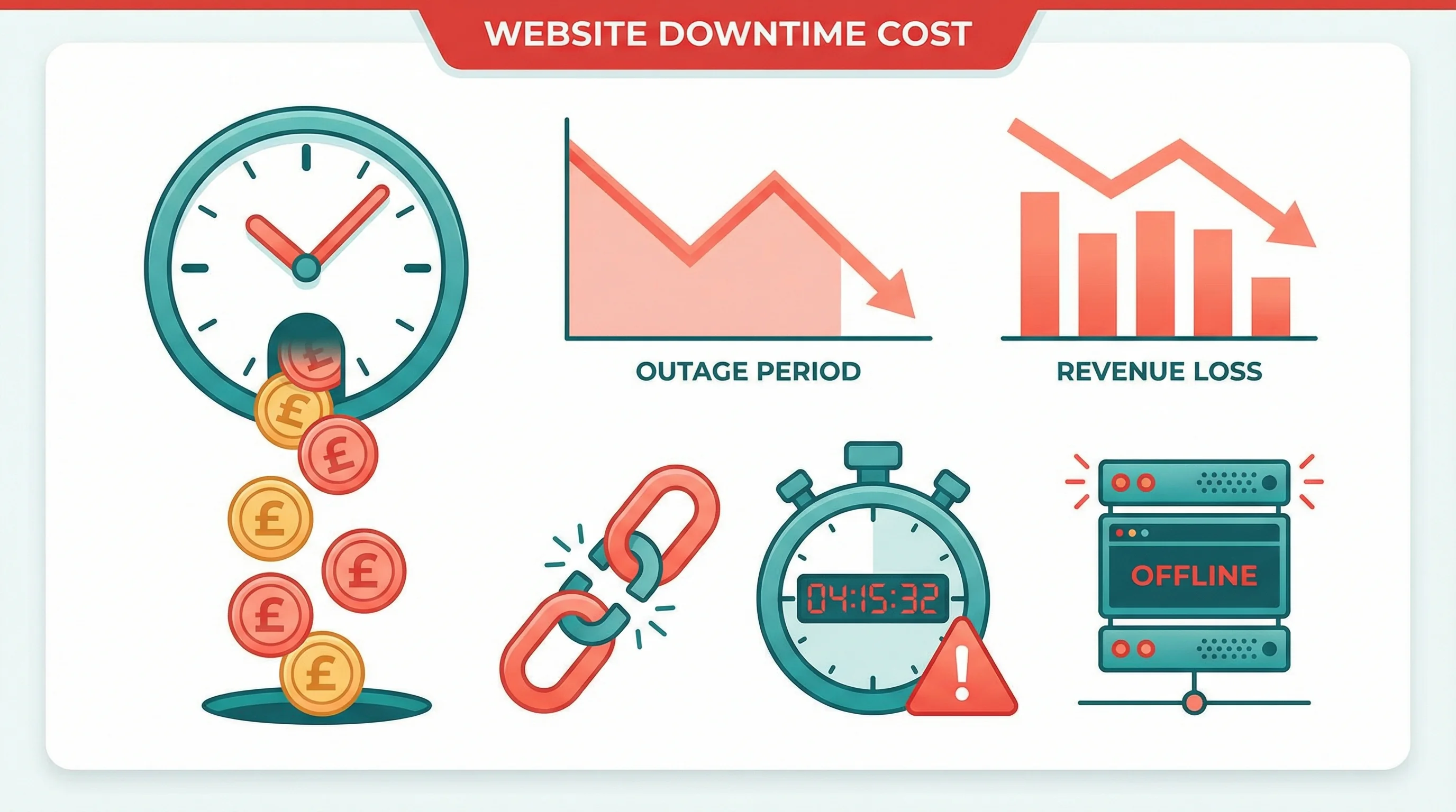 Vector illustration of a clock with pound coins falling from it next to declining business graphs, representing the financial cost of website downtime