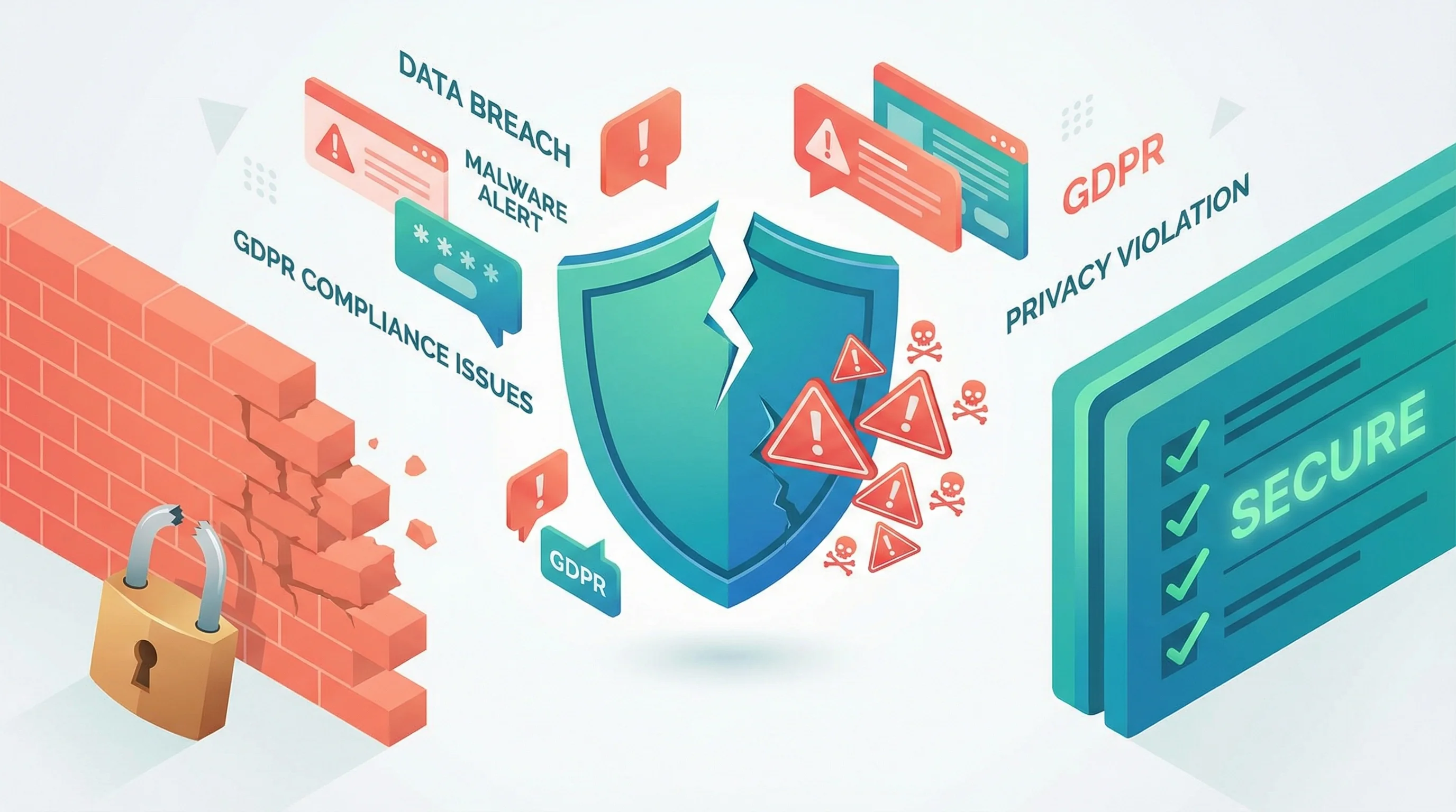 Vector illustration of a cracked security shield surrounded by warning icons and vulnerability alerts, contrasted with a layered security wall showing green check marks