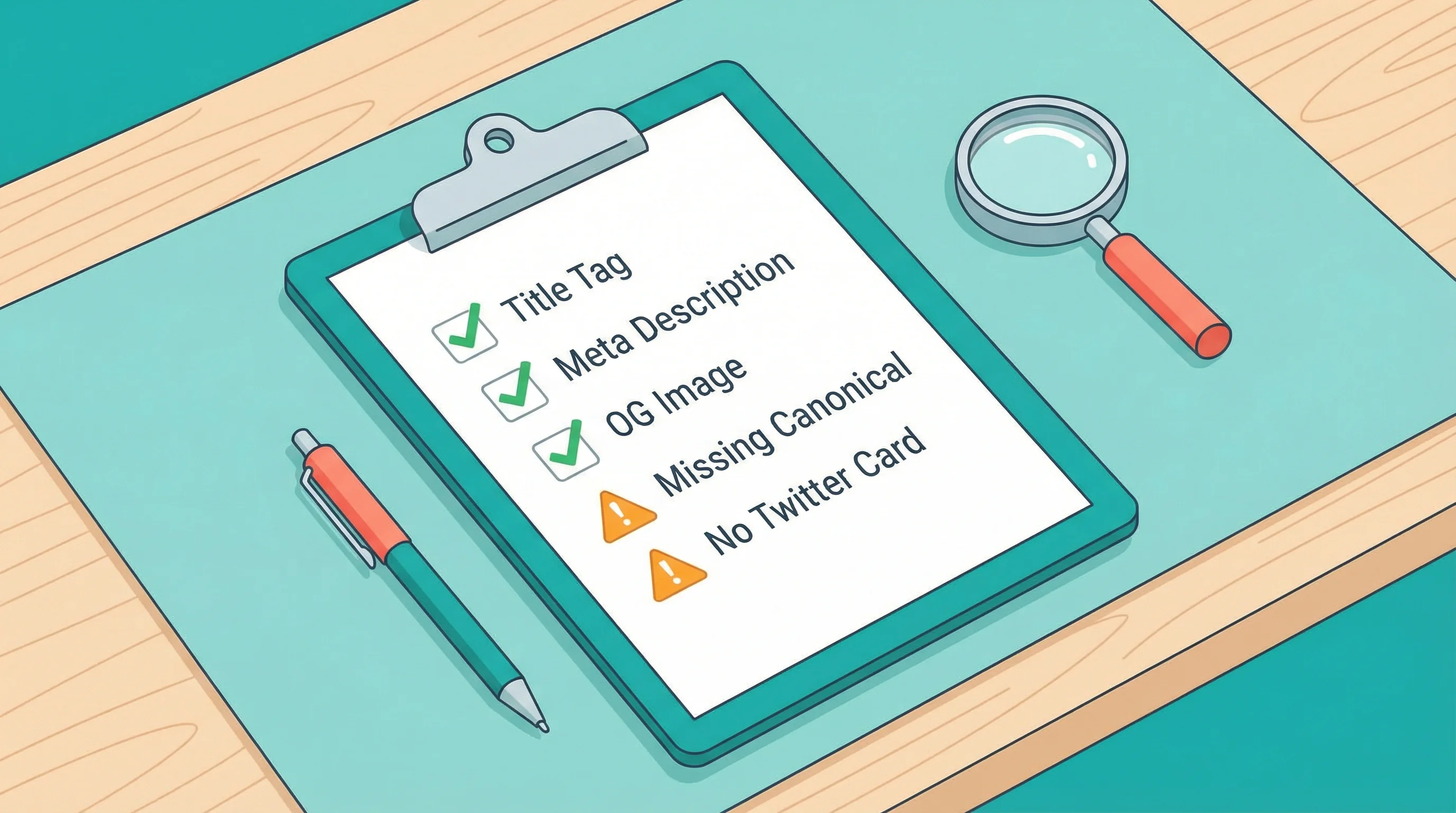Vector illustration of an SEO audit checklist with check marks and warning icons next to meta tag fields