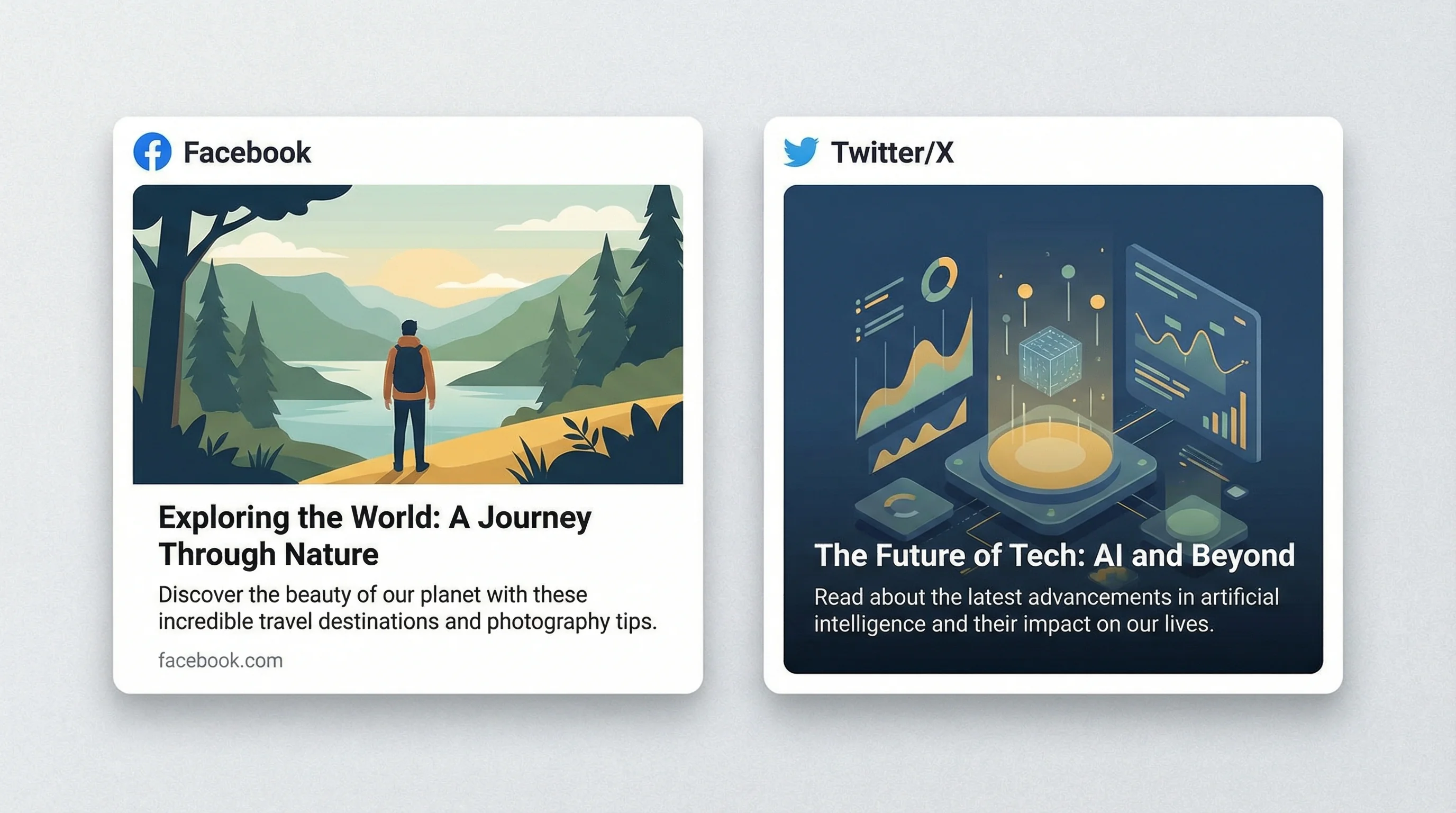 Vector illustration of Facebook and Twitter social share preview cards showing Open Graph and Twitter Card meta tag data