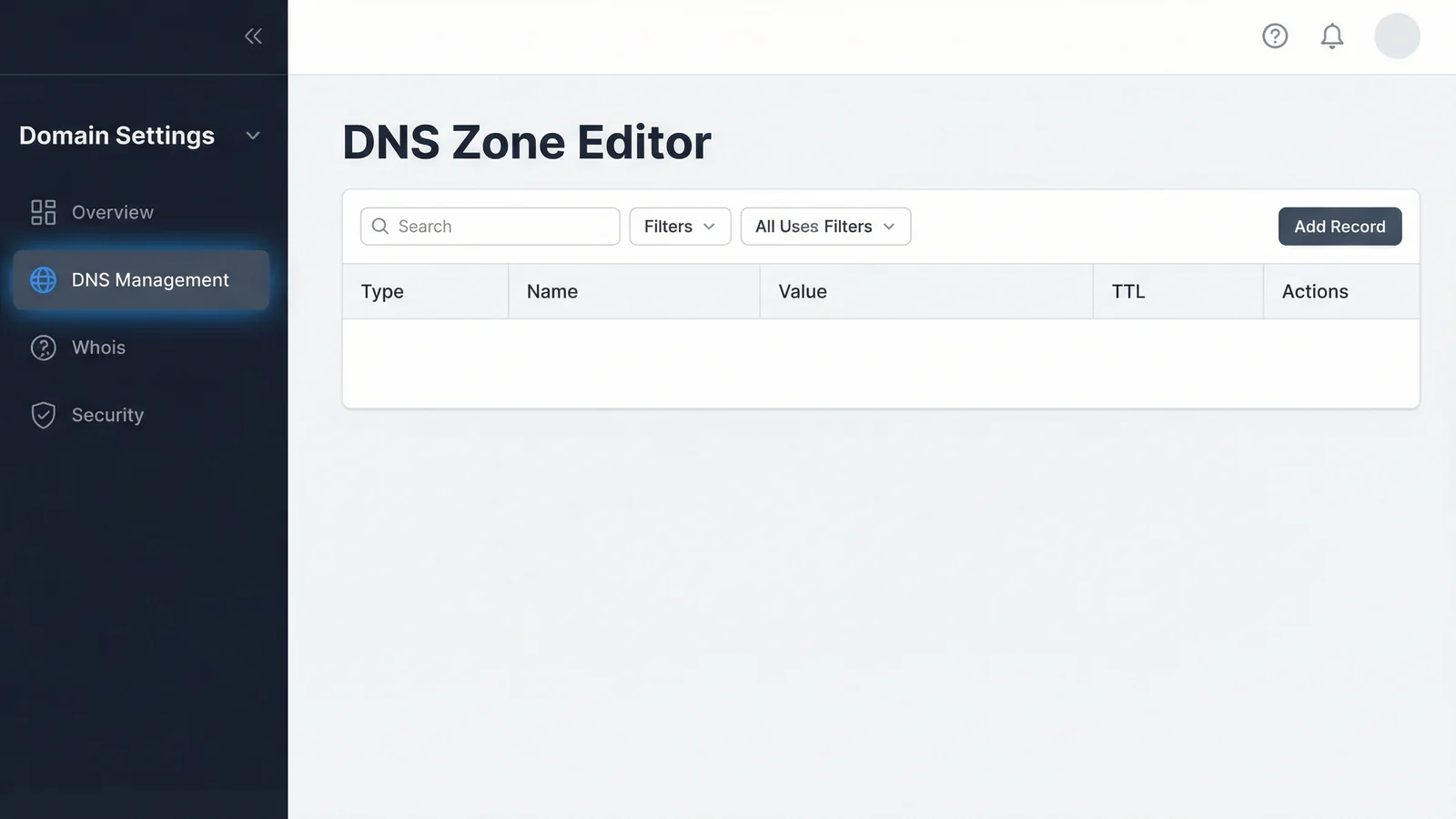A domain registrar dashboard showing the DNS management zone editor with record types listed