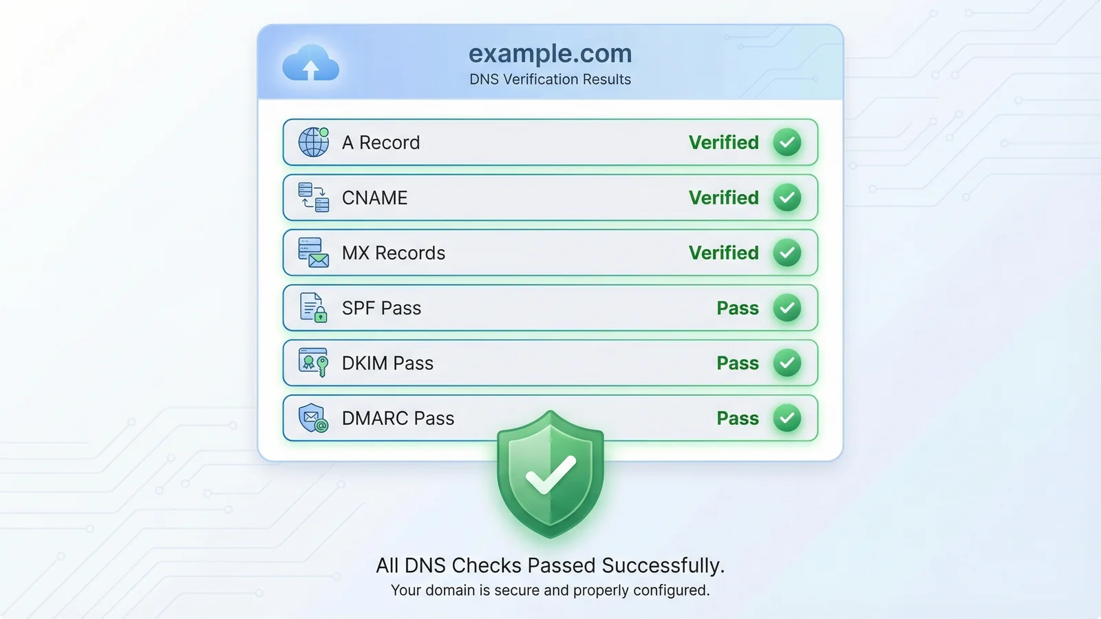 DNS Lookup tool results showing verified A, MX, SPF, DKIM, and DMARC records with green status indicators
