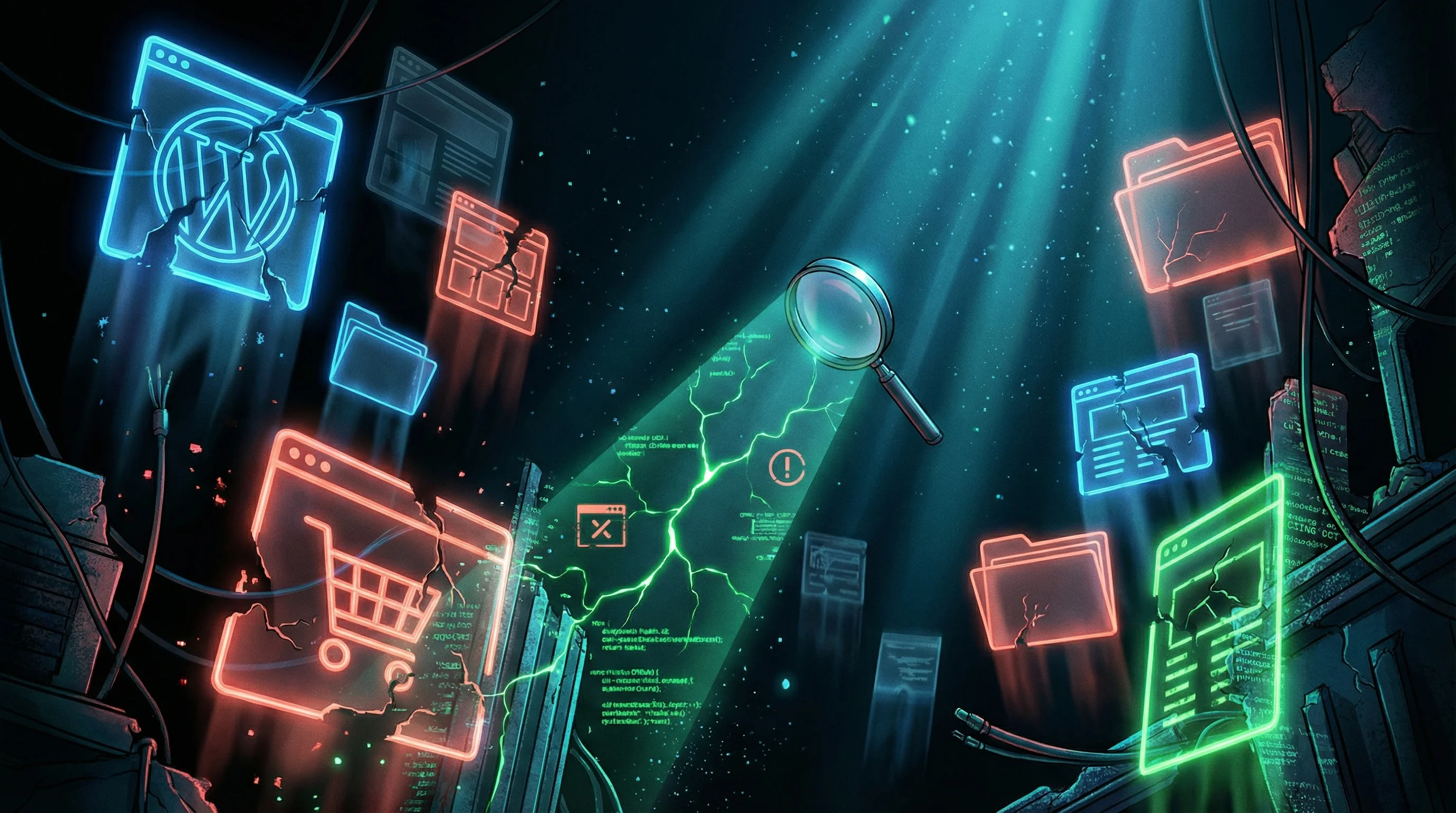 Neon-lit illustration of website files floating in darkness, some glowing green and others cracked and red, with a magnifying glass scanning beam and WordPress, ecommerce and folder icons visible