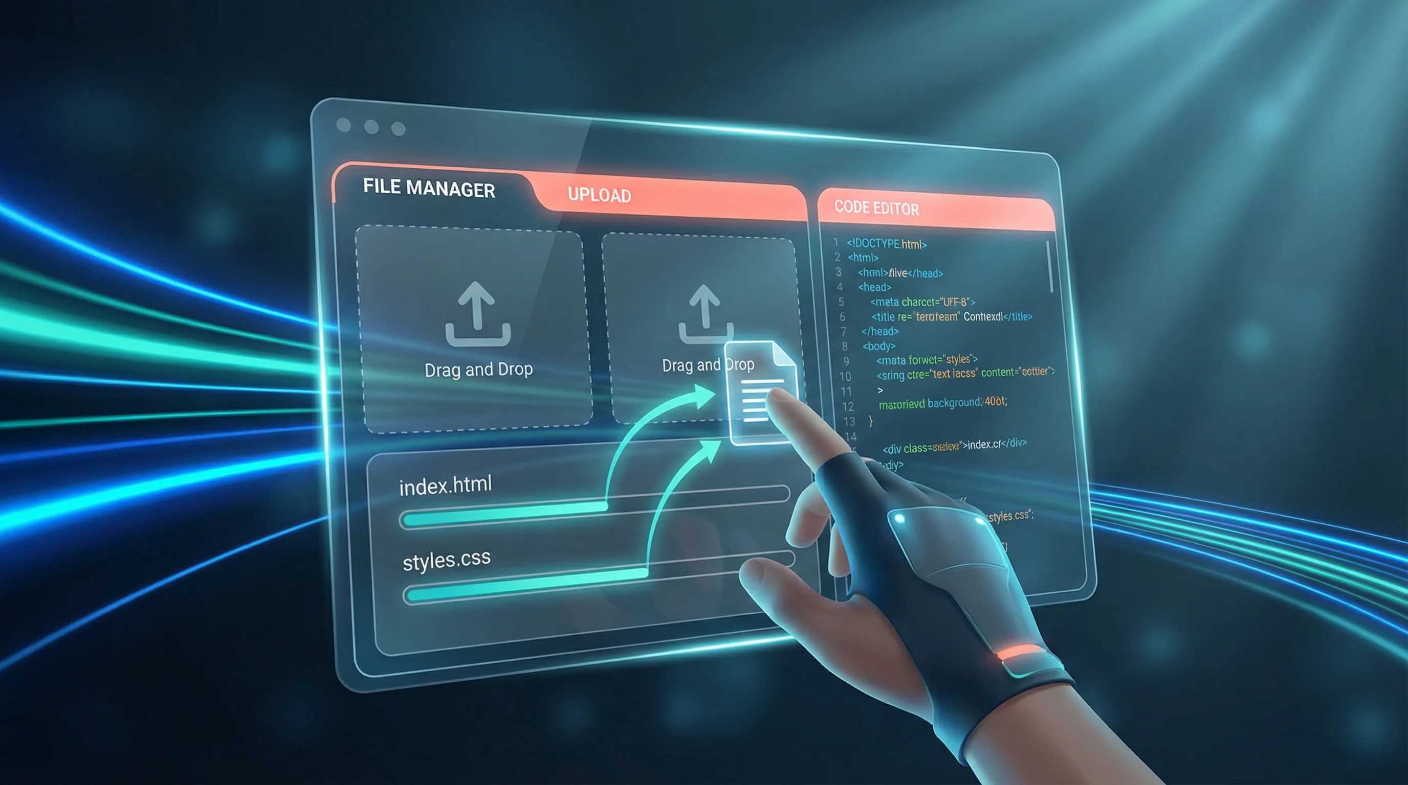 Holographic file manager interface with drag and drop upload zones, a built-in code editor showing HTML, and a hand interacting with the glass-like floating panel against a dark teal background with light streaks
