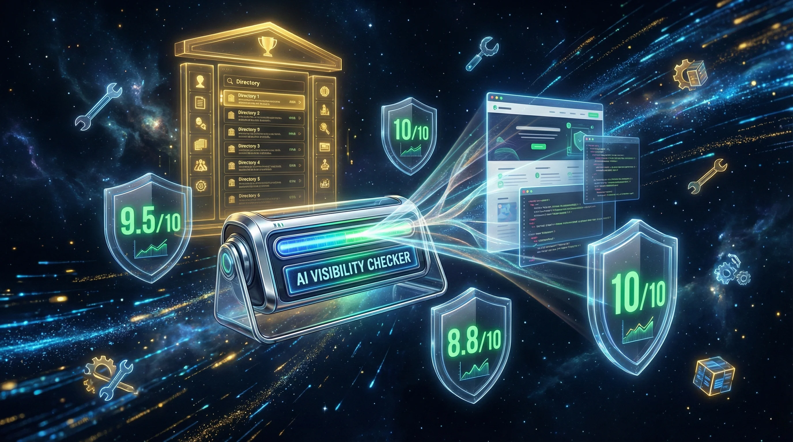 Futuristic illustration of the AI Visibility Checker tool firing scanning beams at websites, with score shields showing 9.5, 8.8, and 10 out of 10, a directory leaderboard, and tool icons floating in space