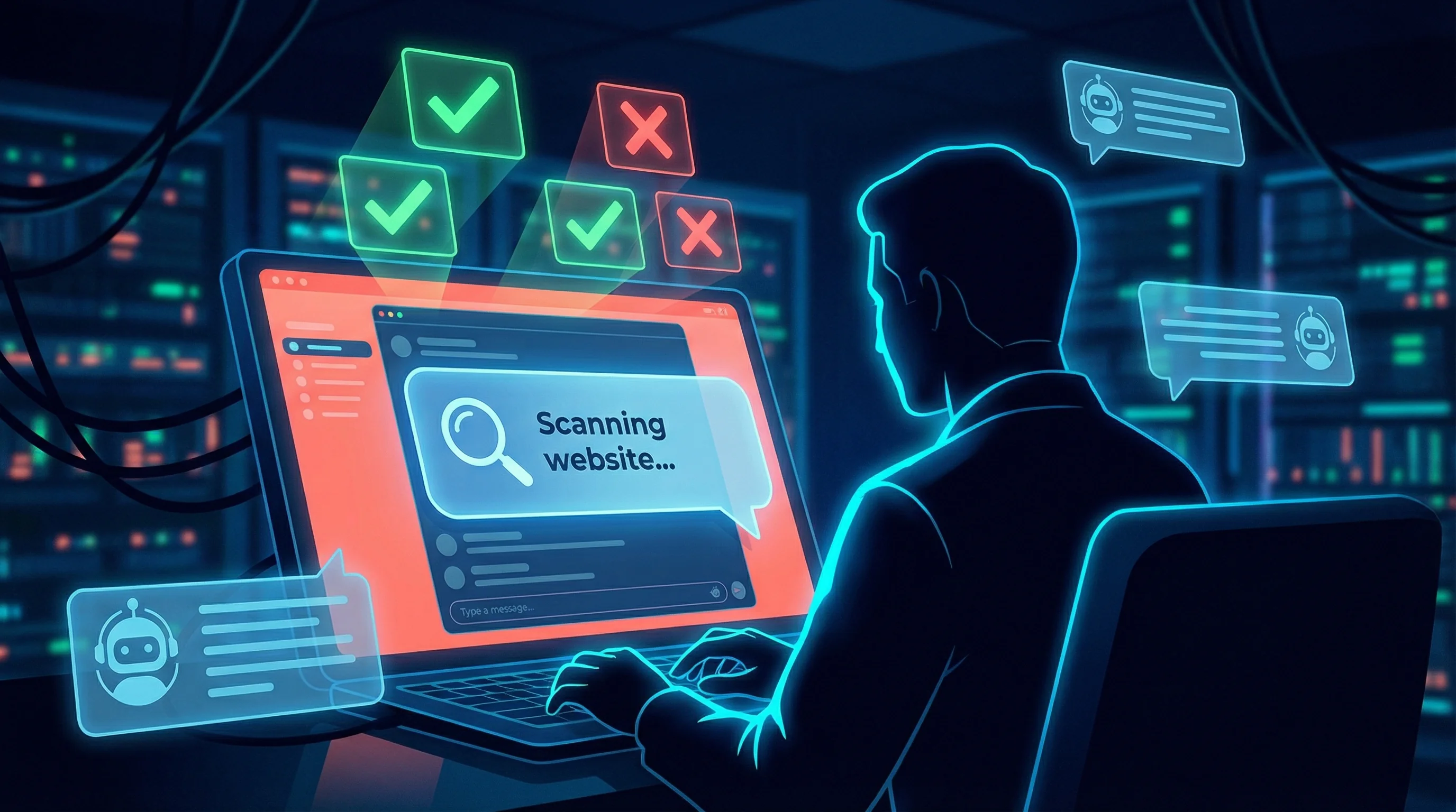 Person sitting at a glowing computer terminal in a server room, typing a question into an AI chat interface while checkmarks and cross marks float around the screen showing validation results