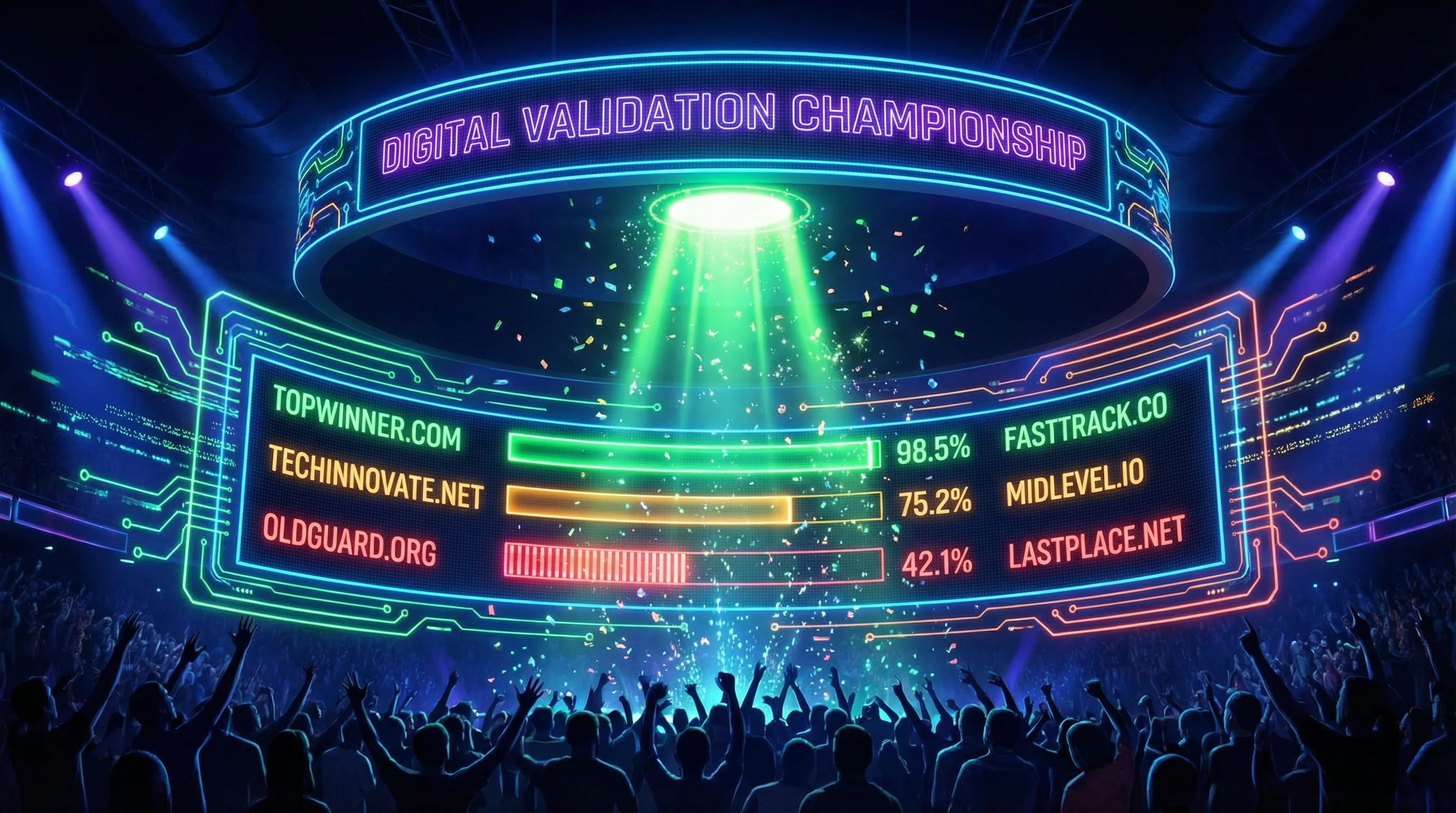 Arena-style digital validation championship leaderboard with neon-lit scores, websites ranked by validation percentage from 98.5% to 42.1%, confetti, stadium lighting, and a cheering crowd silhouette