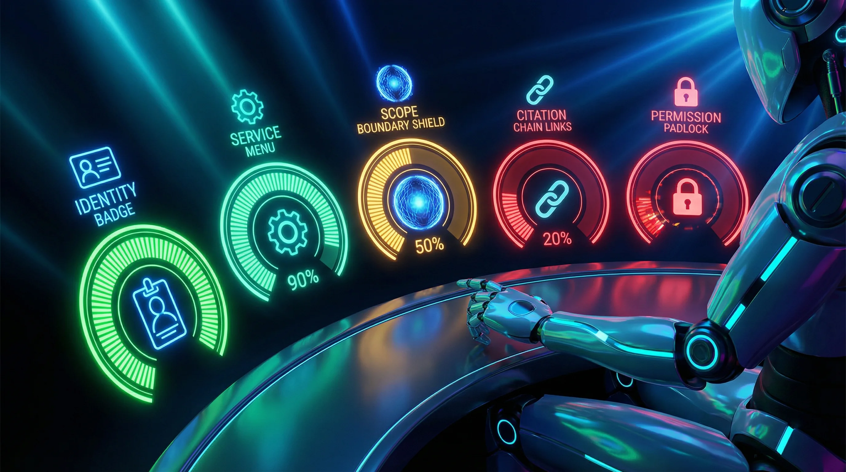 Futuristic quality control dashboard showing five glowing holographic gauges for Identity Badge, Service Menu, Scope Boundary Shield, Citation Chain Links, and Permission Padlock, with a robot hand adjusting controls