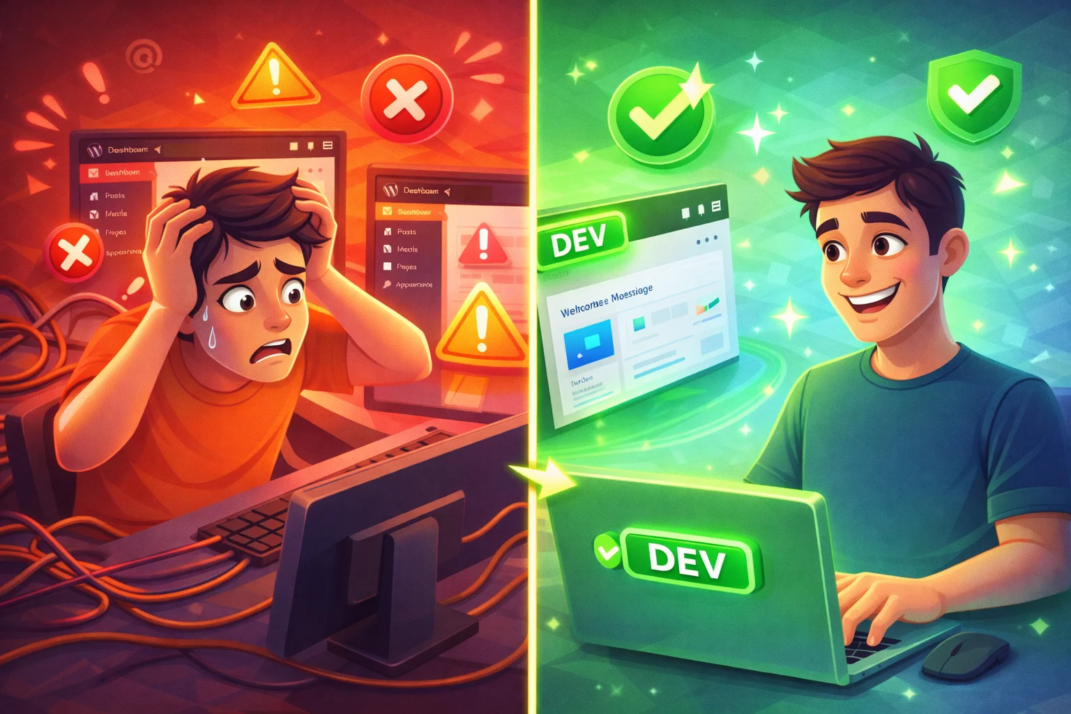 Before and after comparison showing chaotic WordPress development without environment indicators versus organised workflow with clear labels