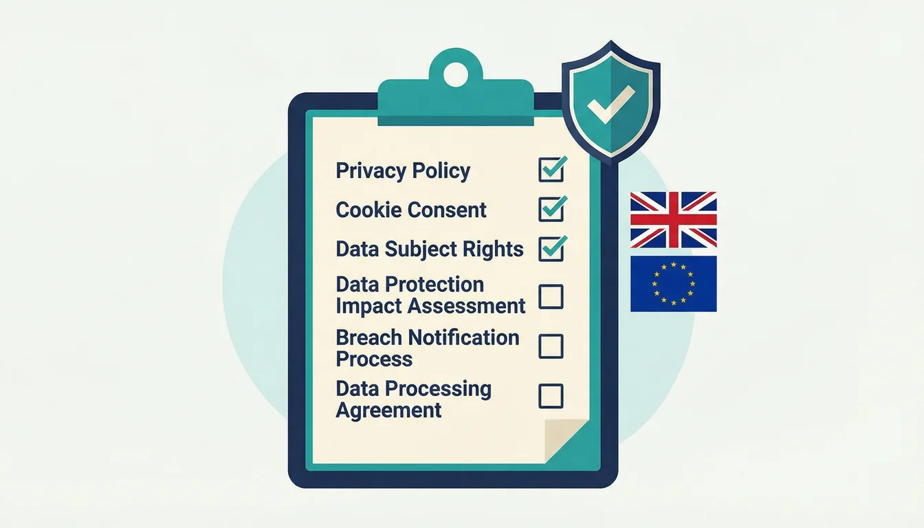 Vector illustration of a GDPR compliance checklist on a clipboard with tick boxes for privacy policy, cookie consent, and data subject rights