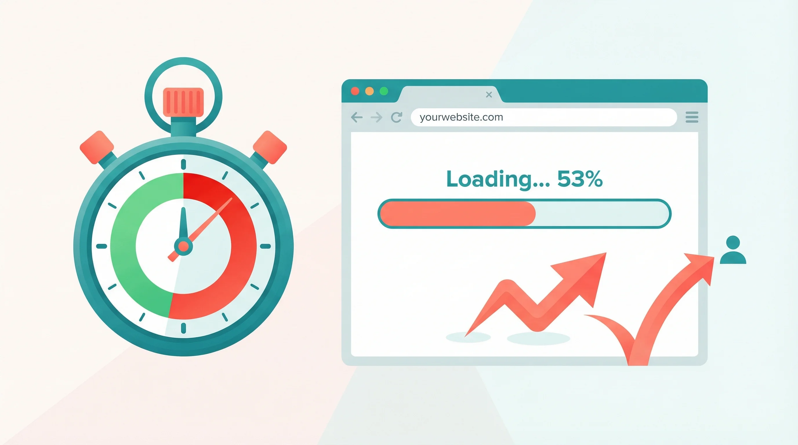 Vector illustration showing a stopwatch with seconds ticking up alongside a rising bounce rate graph, demonstrating how load time increases abandonment
