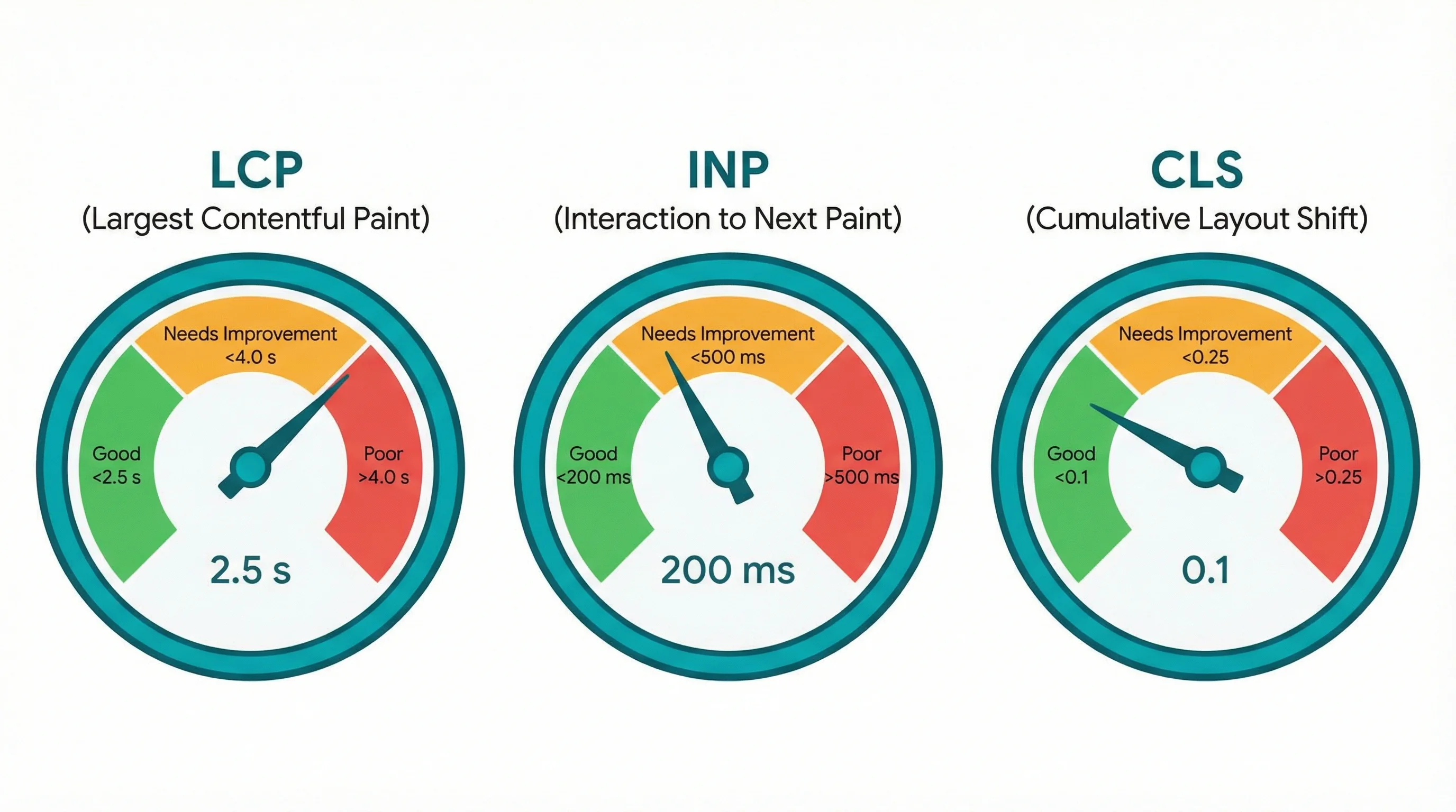 Three circular gauge icons representing LCP, INP, and CLS metrics with green, amber, and red zones showing good, needs improvement, and poor thresholds