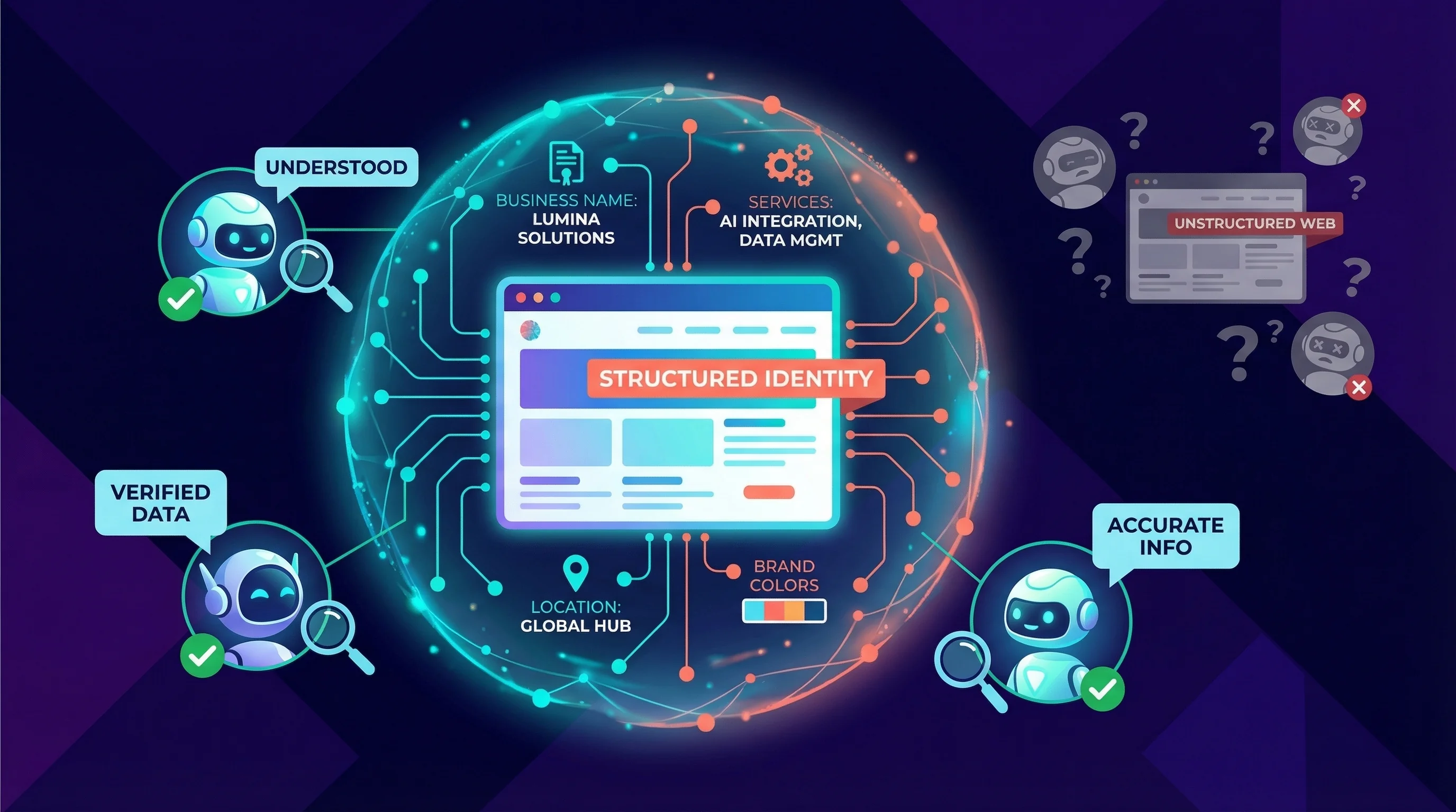 Illustration showing a website with a structured identity layer (left side) where AI bots understand verified business data correctly, versus an unstructured website (right side) where AI bots show confusion and question marks