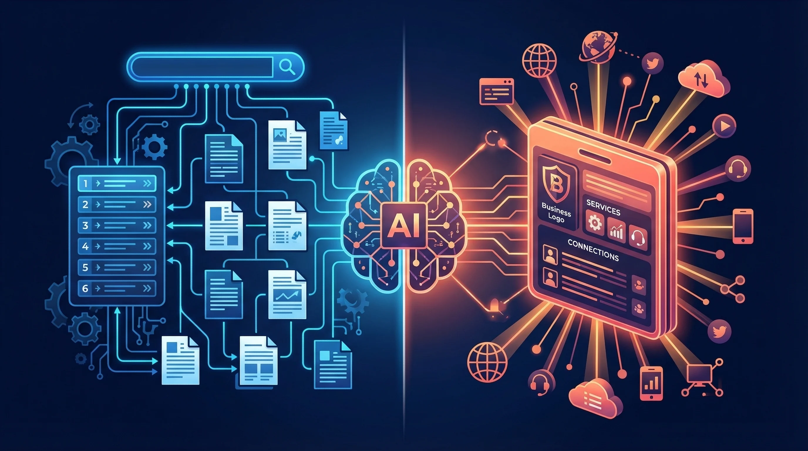 Split illustration comparing search engine crawling (left, blue side showing pages being indexed in a ranked list) with AI entity understanding (right, coral side showing a rich identity card with business details radiating connections)