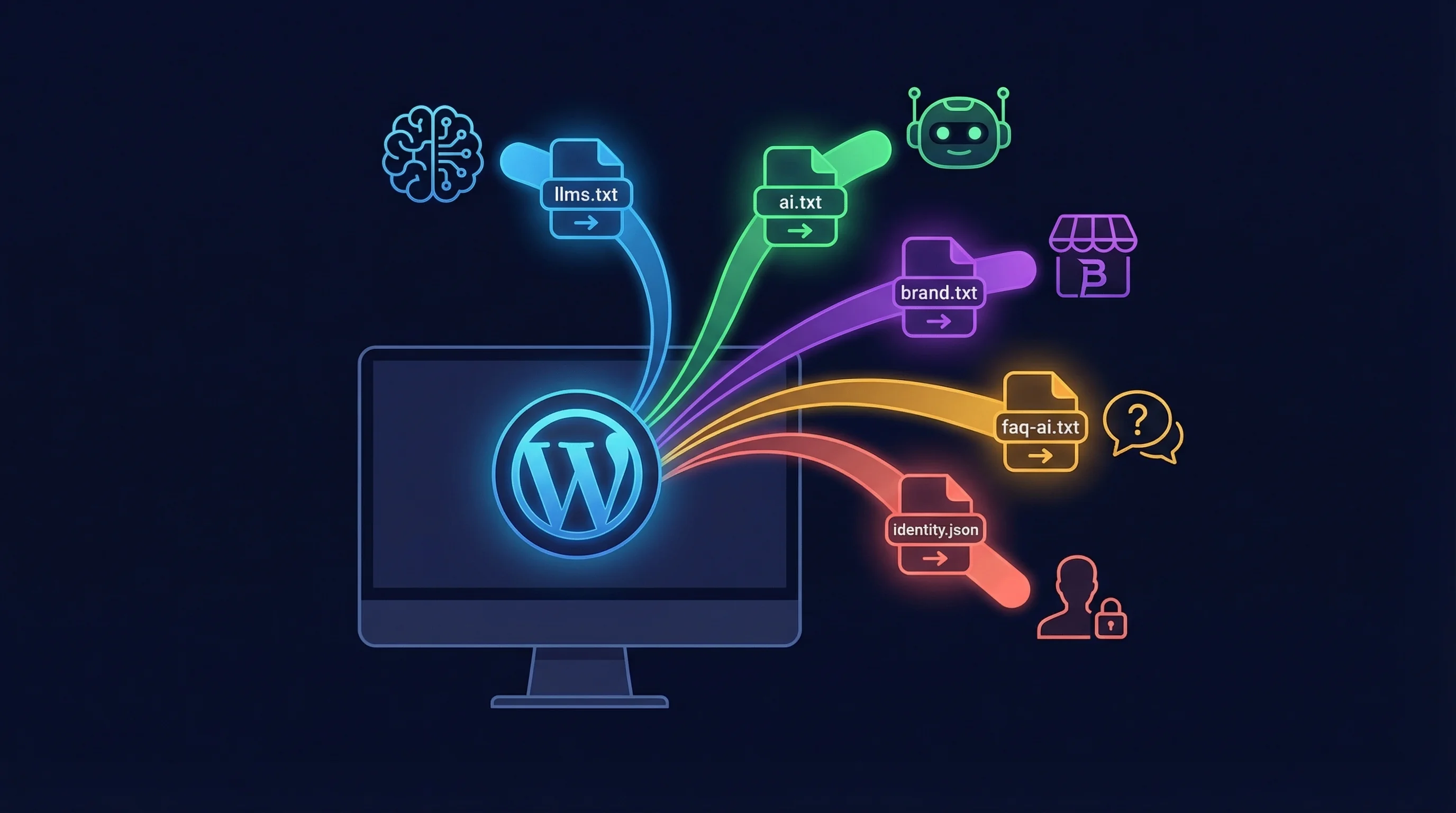 Illustration of a monitor showing the WordPress logo, with colourful AI discovery file icons streaming outward: llms.txt in blue, ai.txt in green, brand.txt in purple, faq-ai.txt in amber, and identity.json in coral, each connecting to different AI system icons