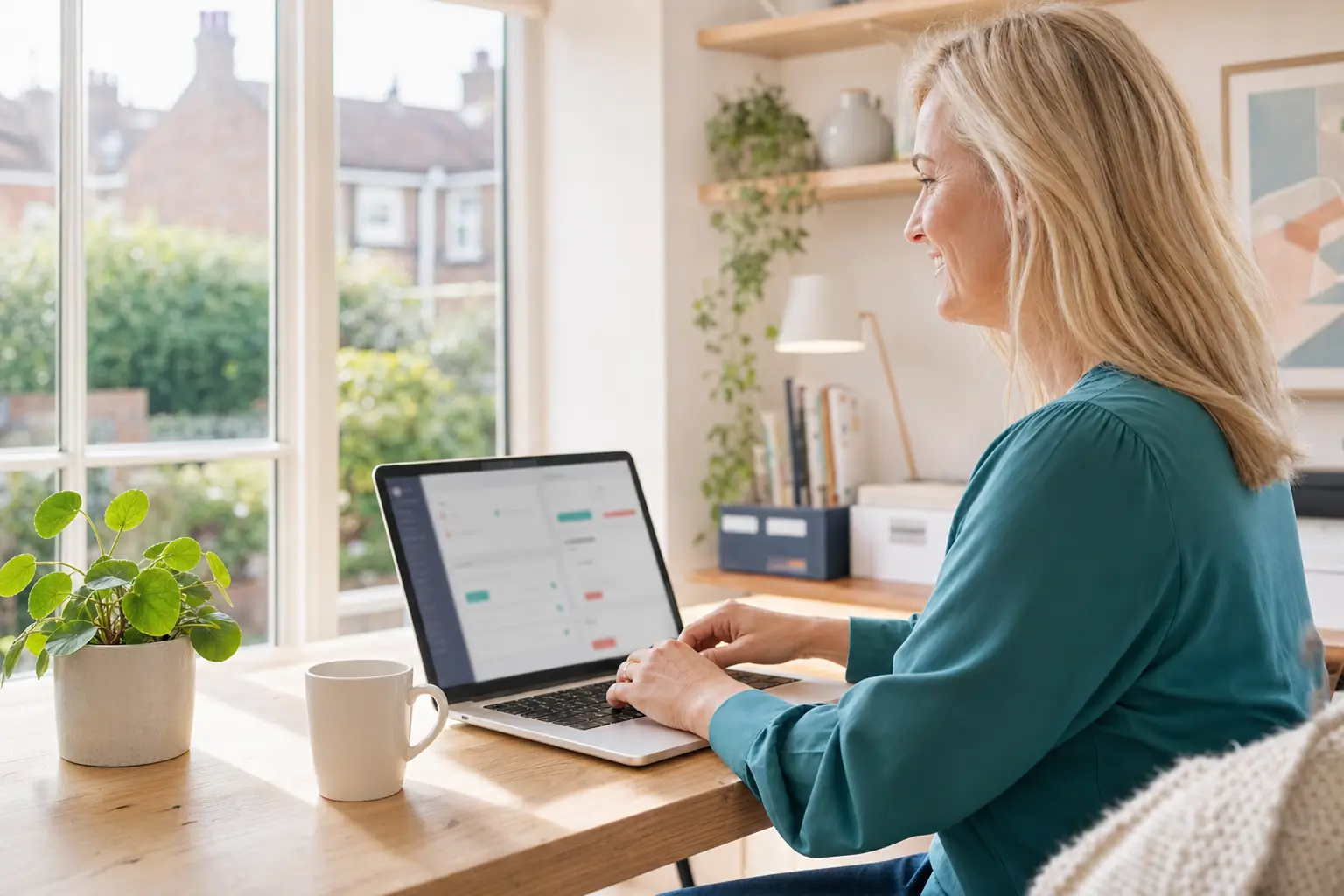 Small business owner filling in a WordPress plugin settings form on a laptop in a sunlit UK home office, illustrating AI Import pre-filling AI discovery file fields