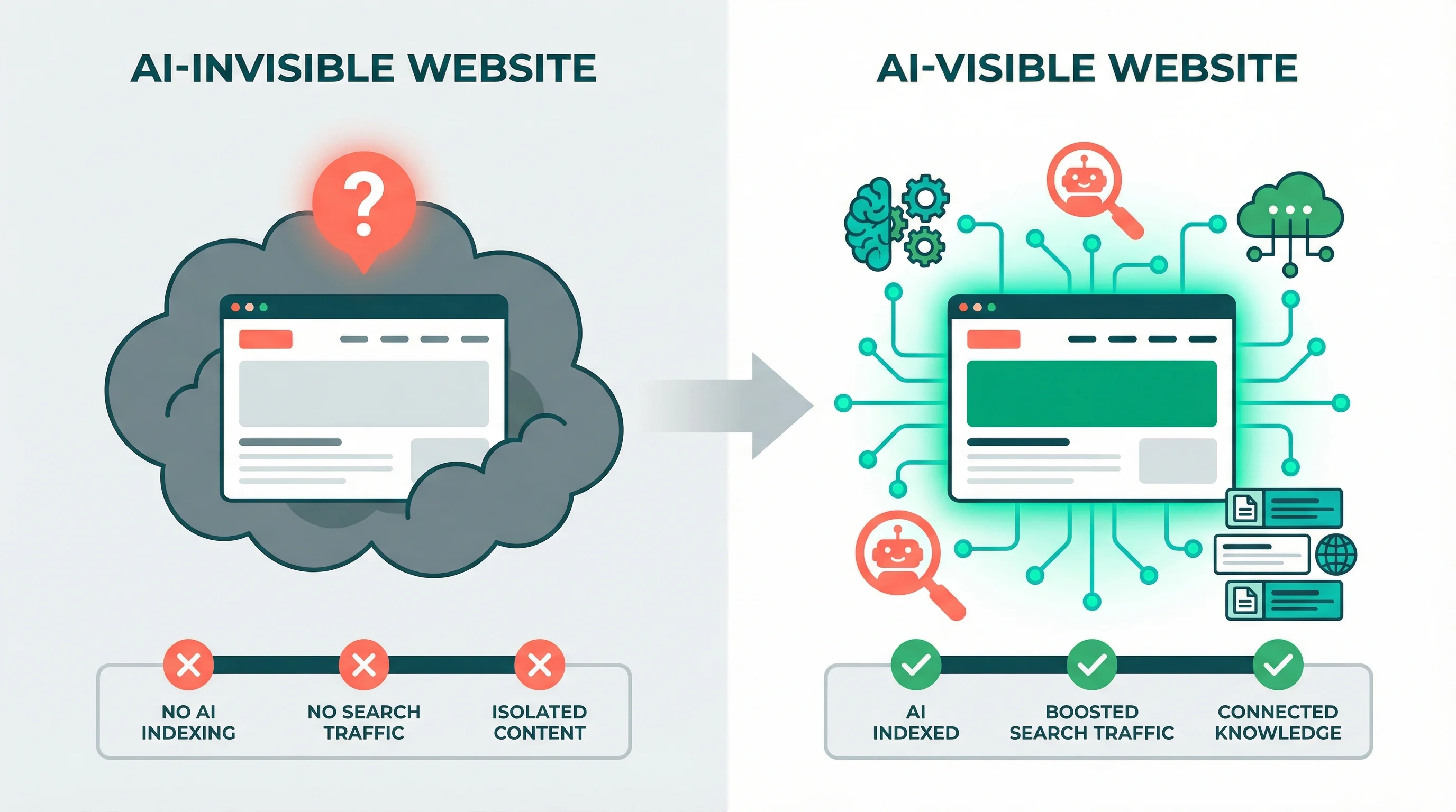 Before and after comparison illustration showing an AI-invisible website surrounded by a dark cloud with red X marks for no AI indexing, no search traffic, and isolated content, transforming into an AI-visible website glowing with connection lines and green checkmarks for AI indexed, boosted search traffic, and connected knowledge