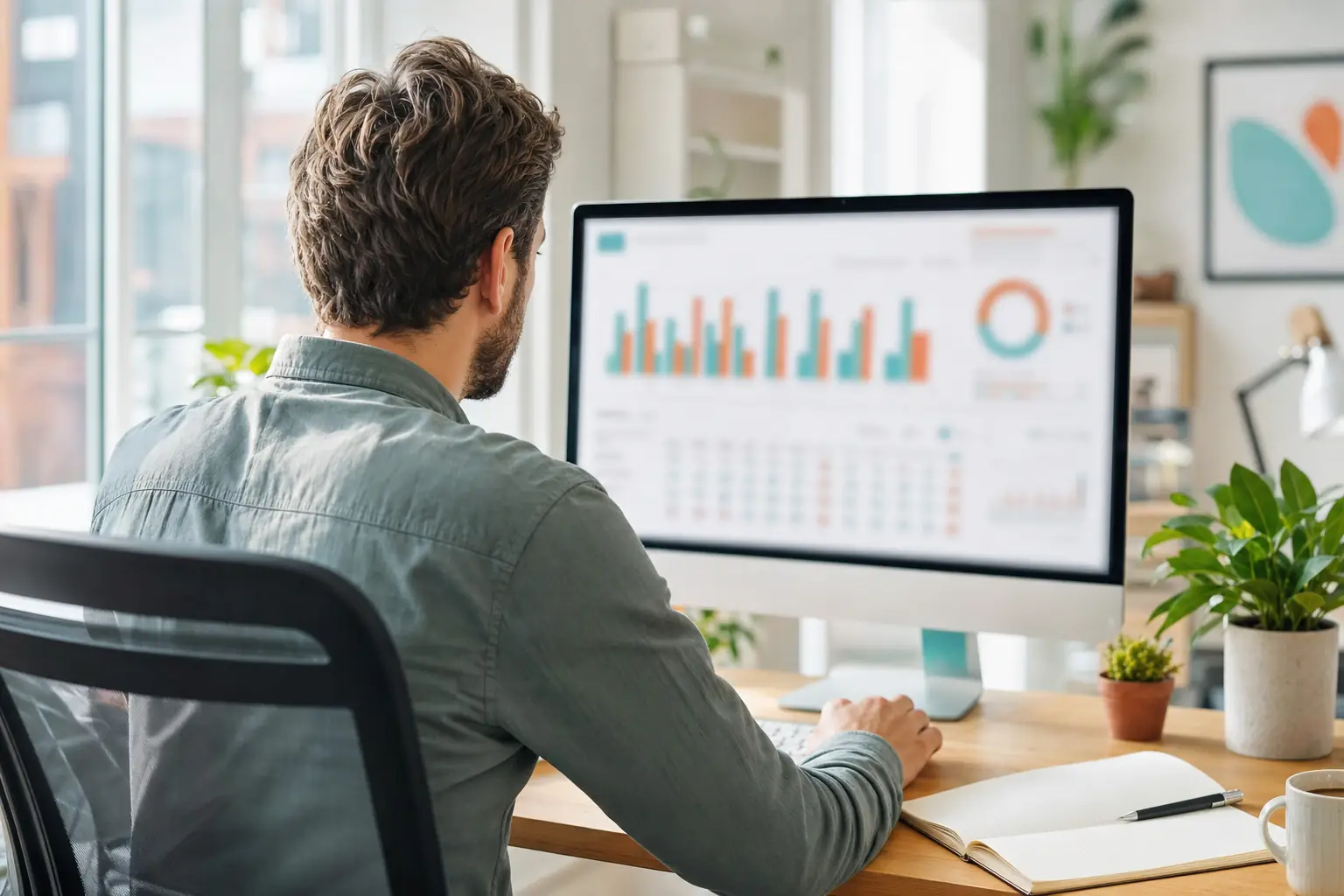 Web professional reviewing an AI crawler logging dashboard with bar charts on a large monitor in a bright, daylit UK studio office