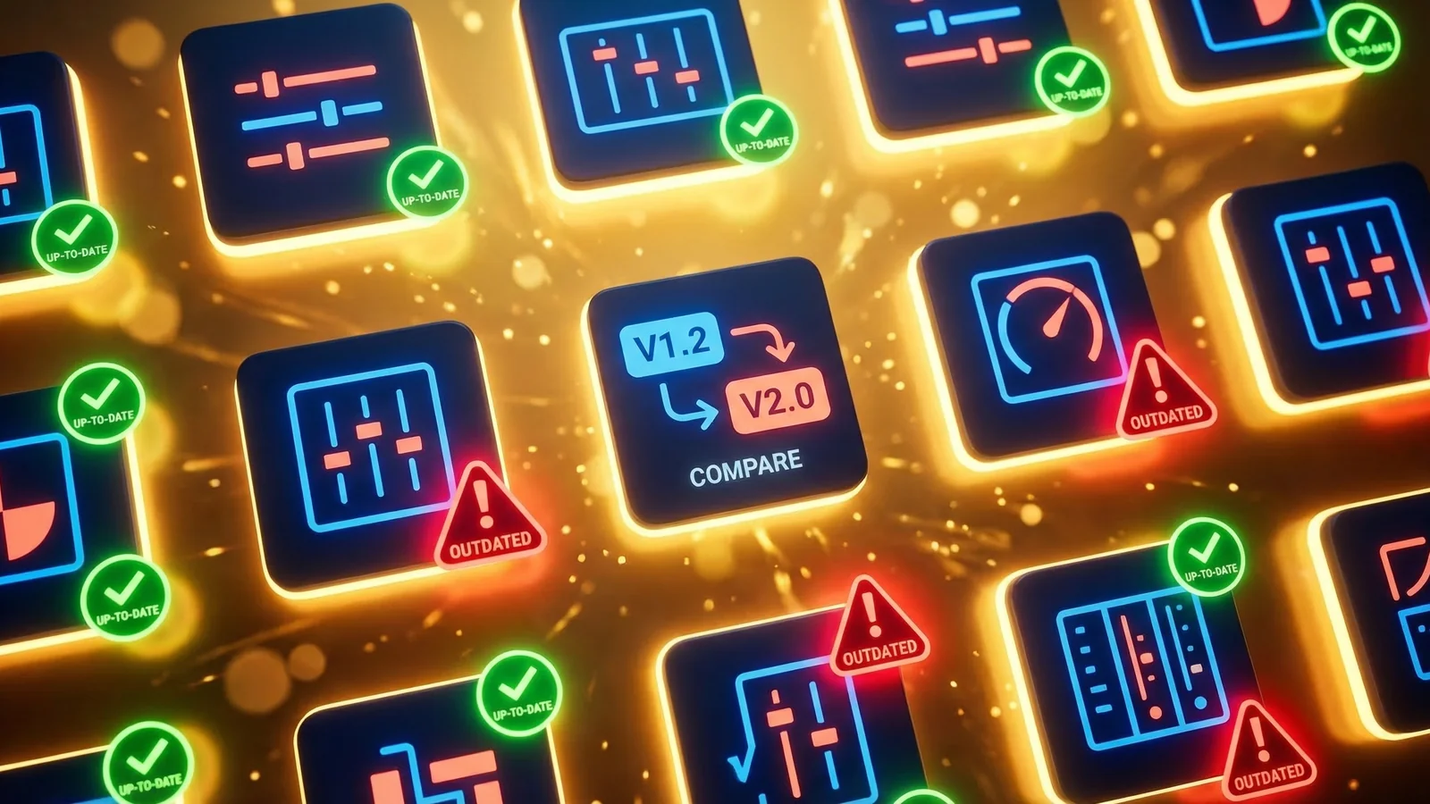 A grid of plugin icons with green up-to-date badges and red outdated warning badges, one showing a version comparison