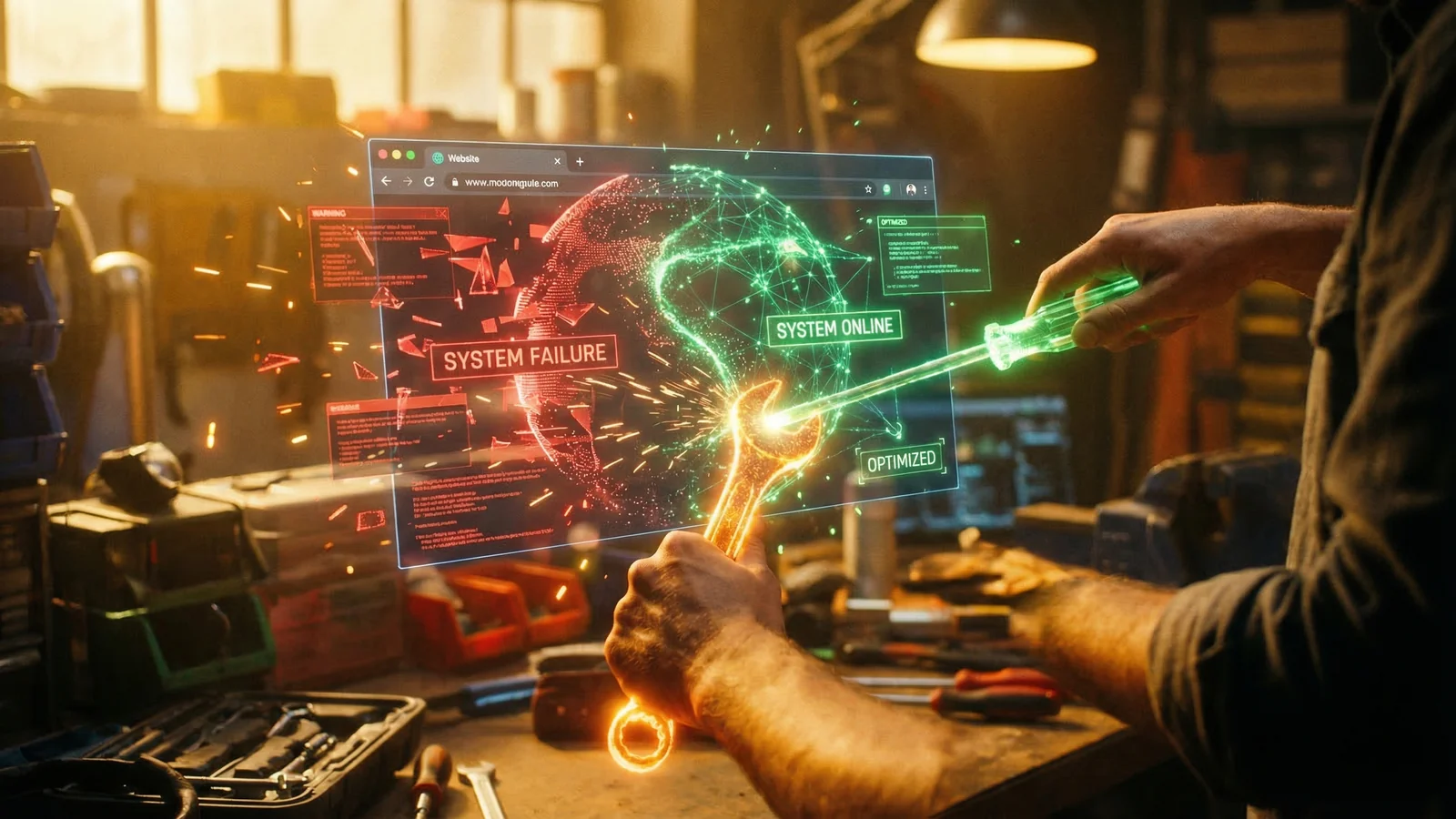 Hands using glowing tools to fix a holographic website, transitioning from red warning state to green healthy state