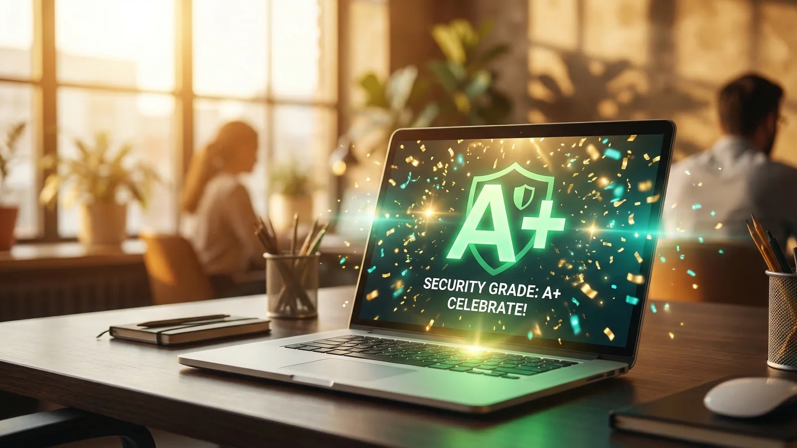 A laptop screen showing a large A+ security grade in vivid green with golden confetti and celebration sparkles
