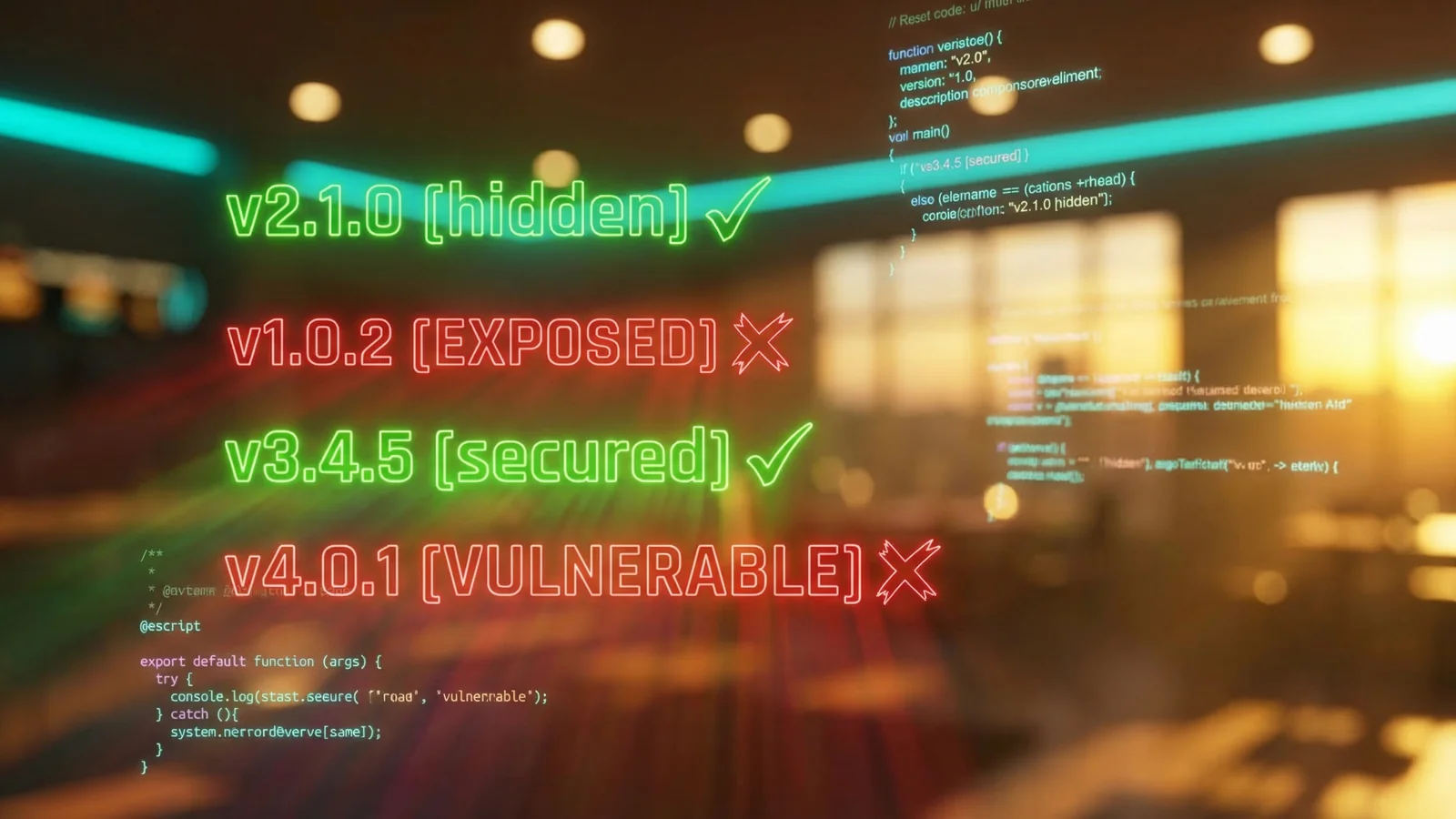 Floating version numbers with green checkmarks for hidden ones and red warning crosses for exposed ones