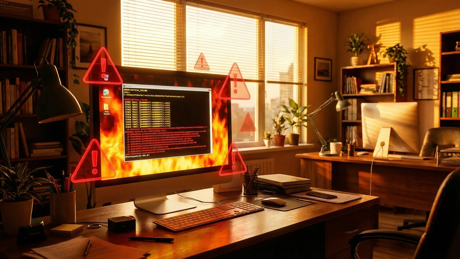 A monitor showing a debug console with error messages glowing in red and yellow, with warning triangles floating around it