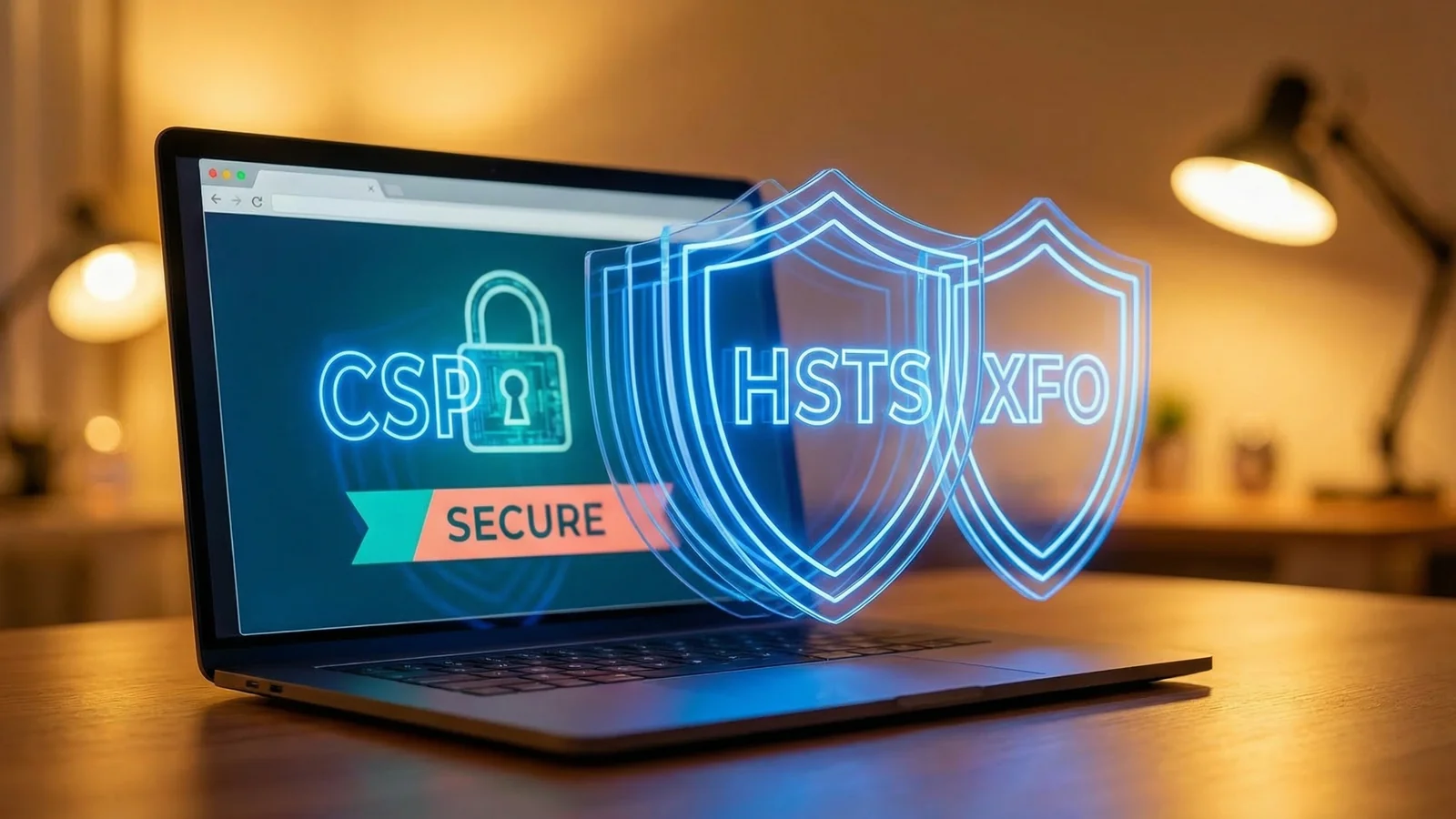 A browser window with multiple bright security shields stacked in front of it, each labelled with header names like CSP and HSTS