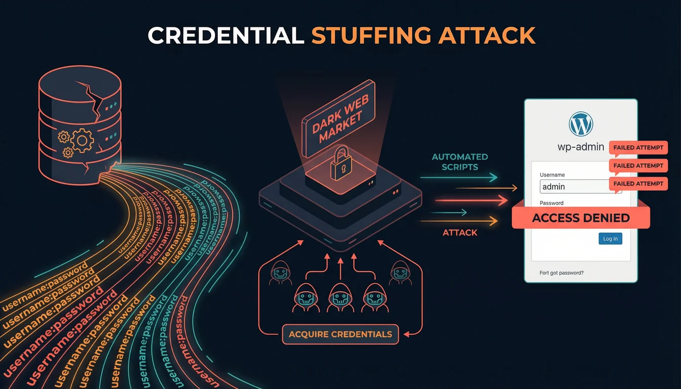 Vector illustration showing compromised passwords flowing from a cracked database into dark web marketplace listings, with login forms being targeted by automated bot scripts