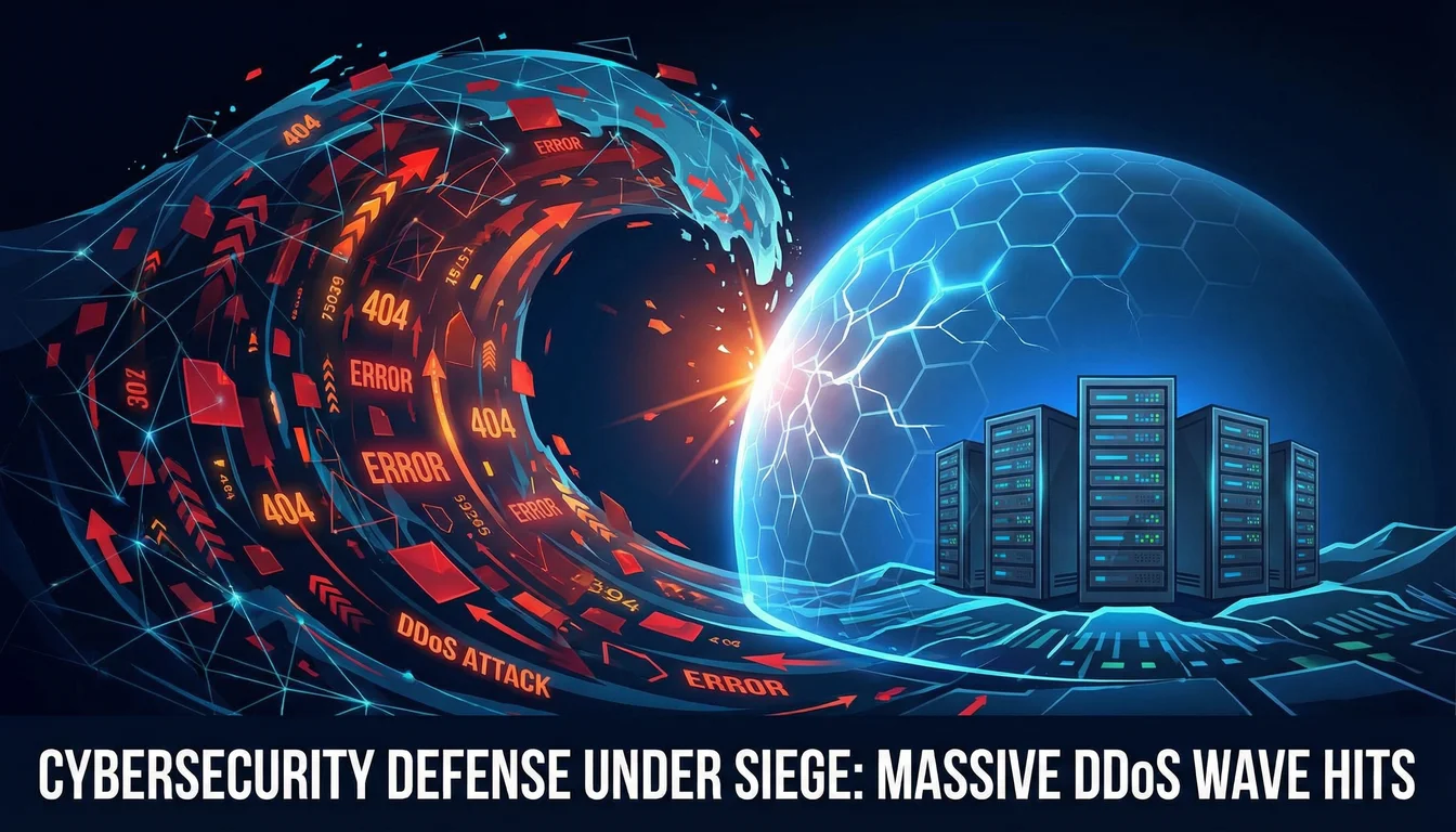 Dramatic illustration of a massive volumetric DDoS attack visualised as a wave of red data packets crashing against a shield protecting a server cluster