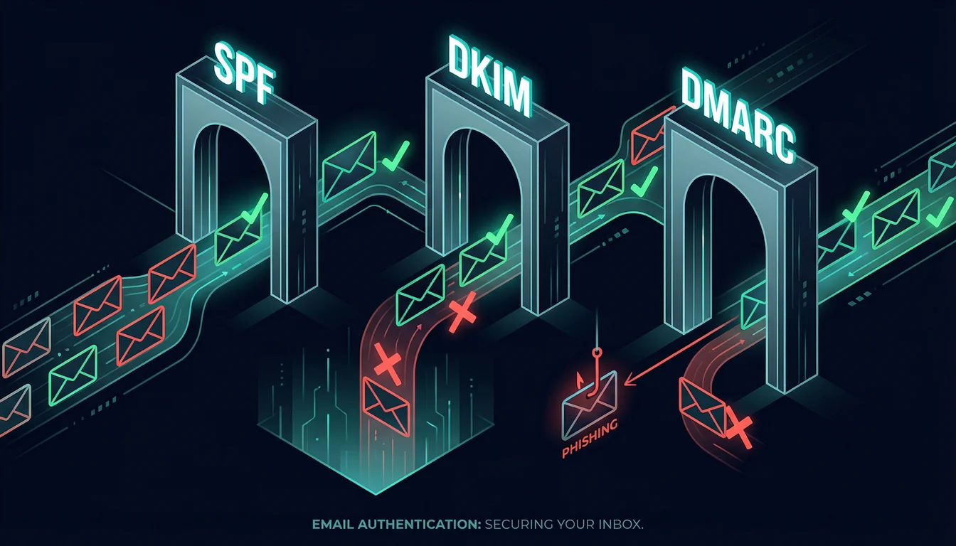 Vector illustration showing email envelopes passing through SPF, DKIM, and DMARC authentication gates, with nearly half of them being rejected or flagged as unverified