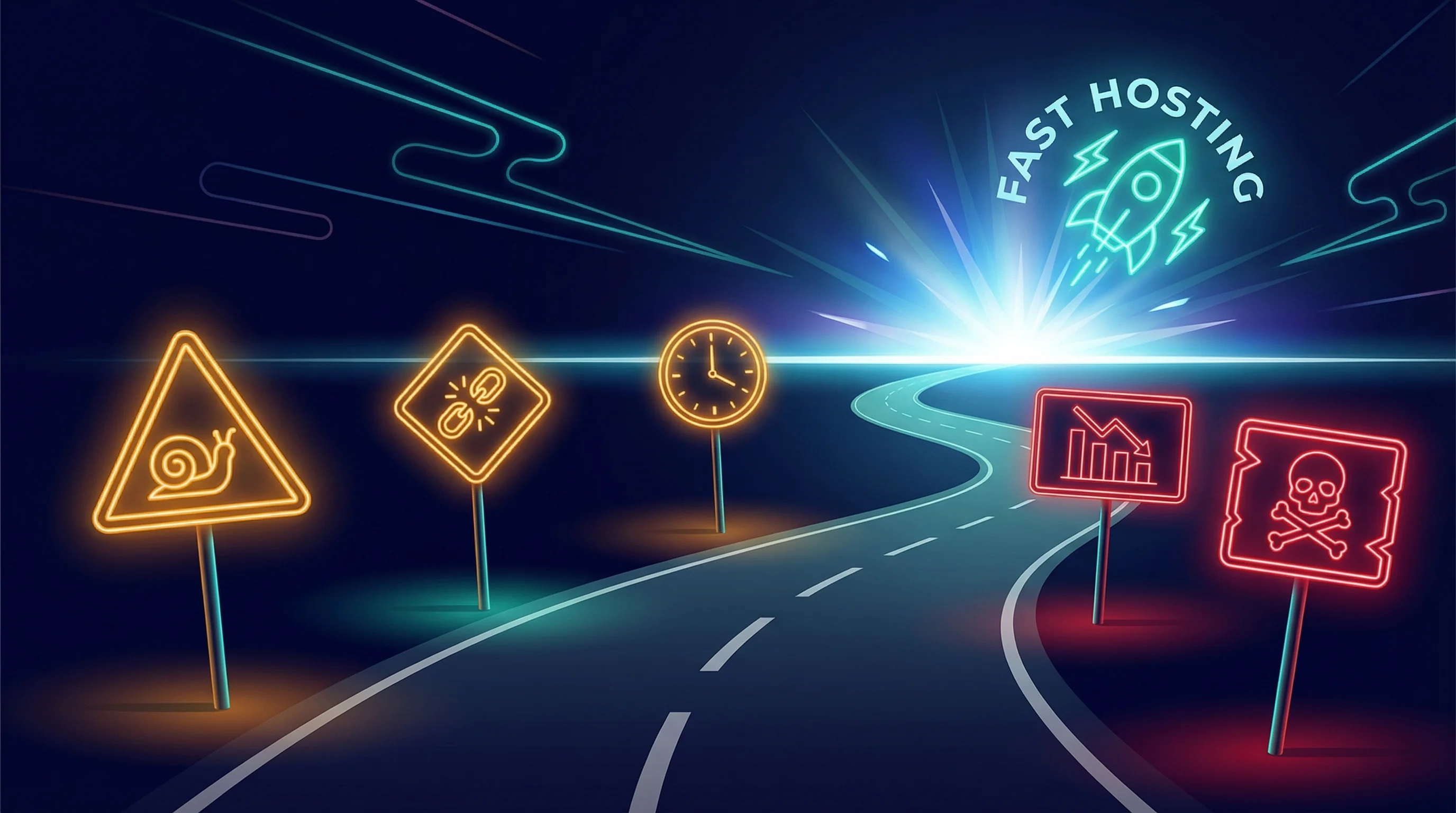 Five glowing neon warning road signs on a dark highway showing icons for slow speed, downtime, slow response, traffic loss, and dead hosting, leading to a bright horizon
