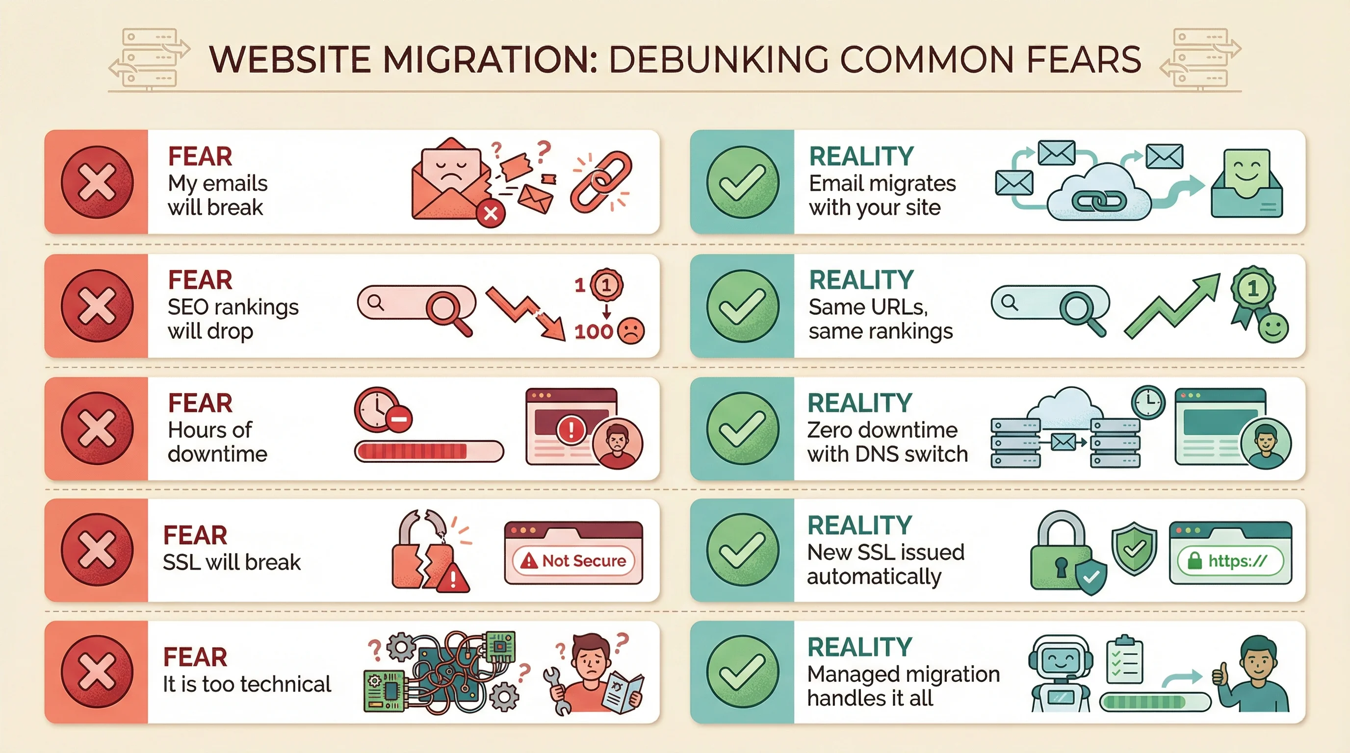 Illustration showing five common migration fears on the left with red X marks, and the actual reality on the right with green checkmarks