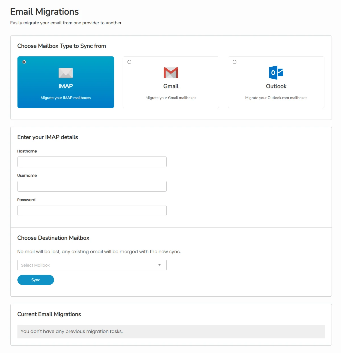 The 365i Email Migrations tool showing three source options: IMAP, Gmail, and Outlook, with fields for server details and destination mailbox