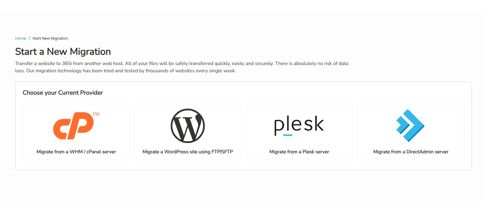 The 365i Migration Centre showing four migration options: cPanel/WHM, WordPress via FTP/SFTP, Plesk, and DirectAdmin
