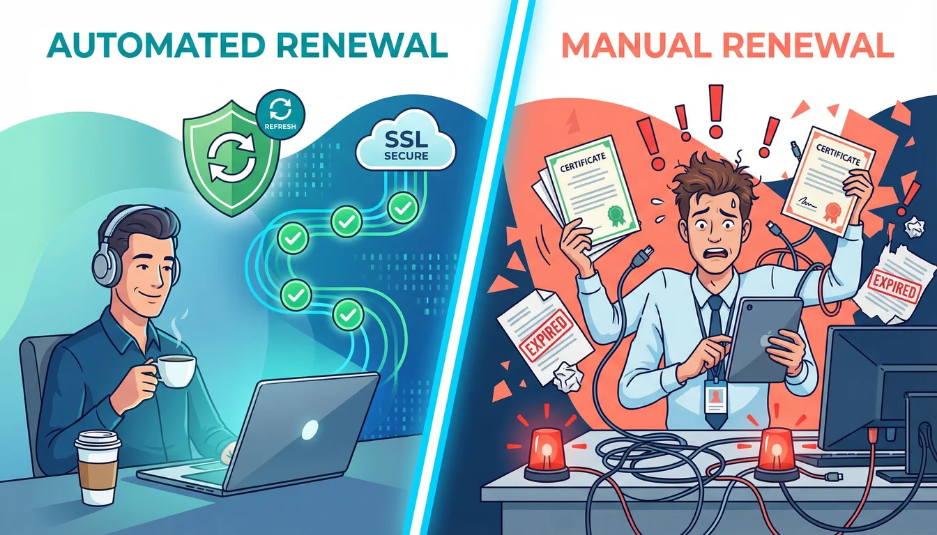 Split illustration comparing automated SSL renewal on the left showing a relaxed person with green checkmarks, versus manual renewal on the right showing a stressed person juggling expired certificates