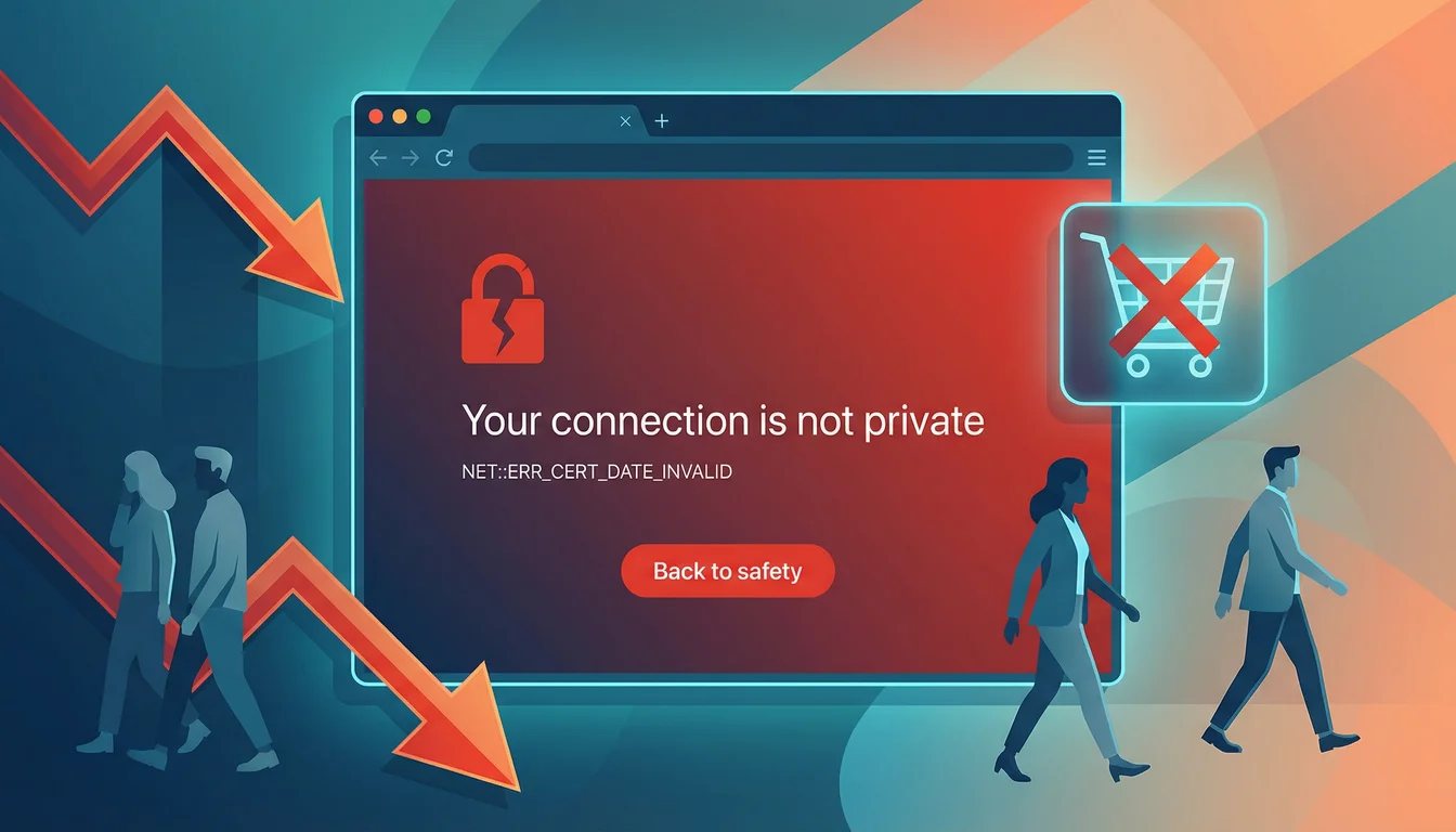 Illustration of a browser showing a Your connection is not private error page with NET::ERR_CERT_DATE_INVALID, surrounded by people walking away and declining traffic arrows